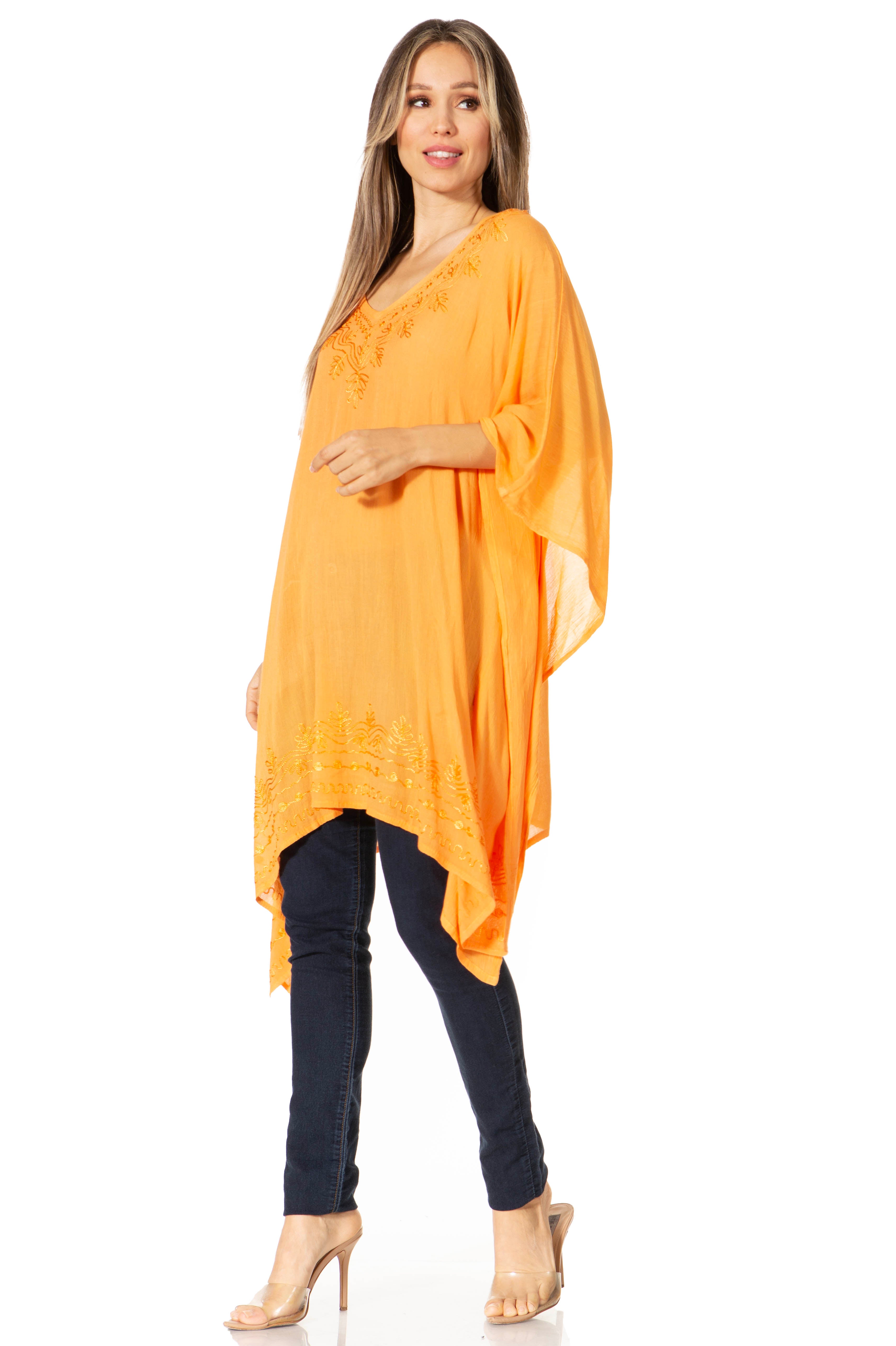 Sakkas - Wren Lightweight Circle Poncho Top Blouse With Detailed Embroidery