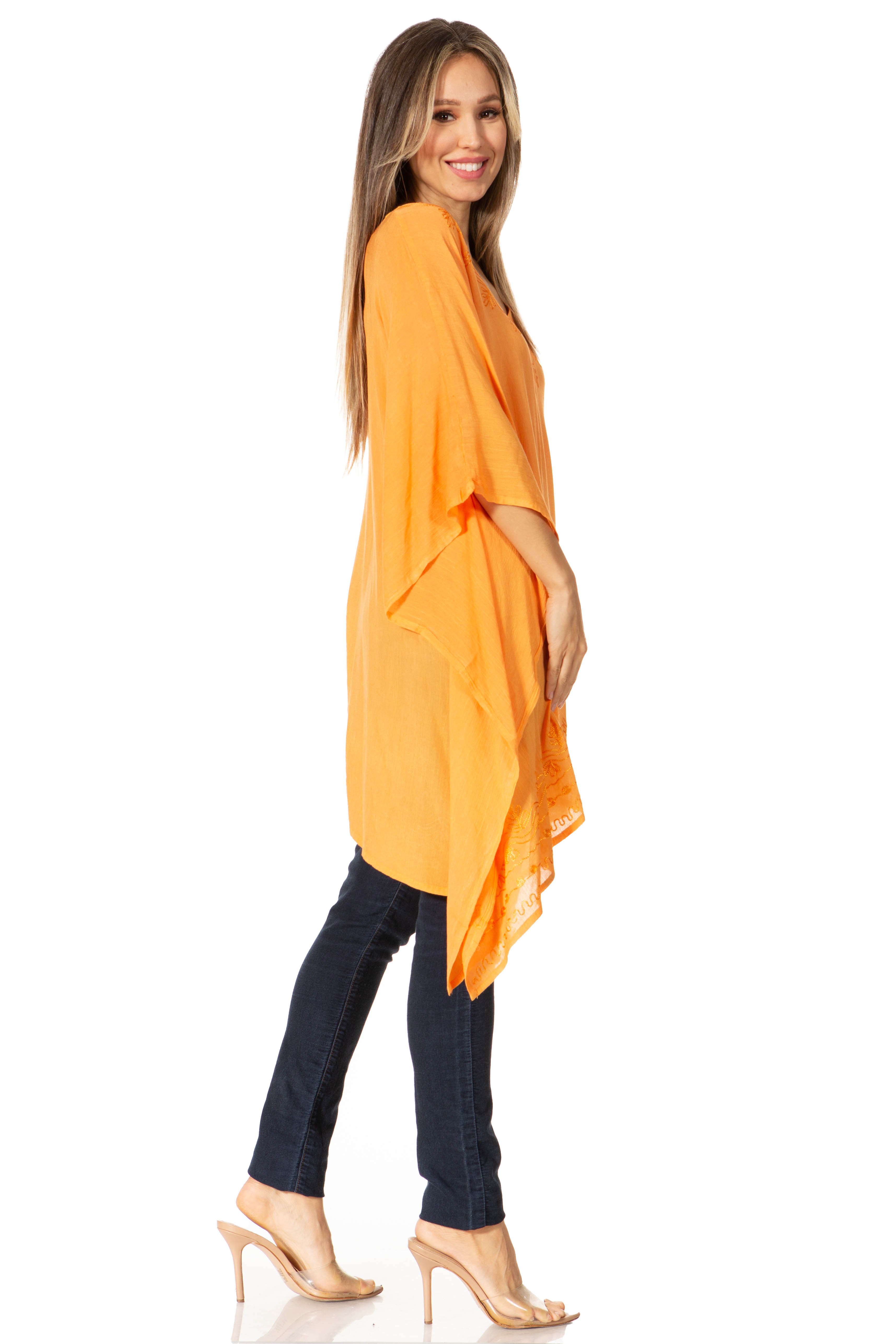 Sakkas - Wren Lightweight Circle Poncho Top Blouse With Detailed Embroidery