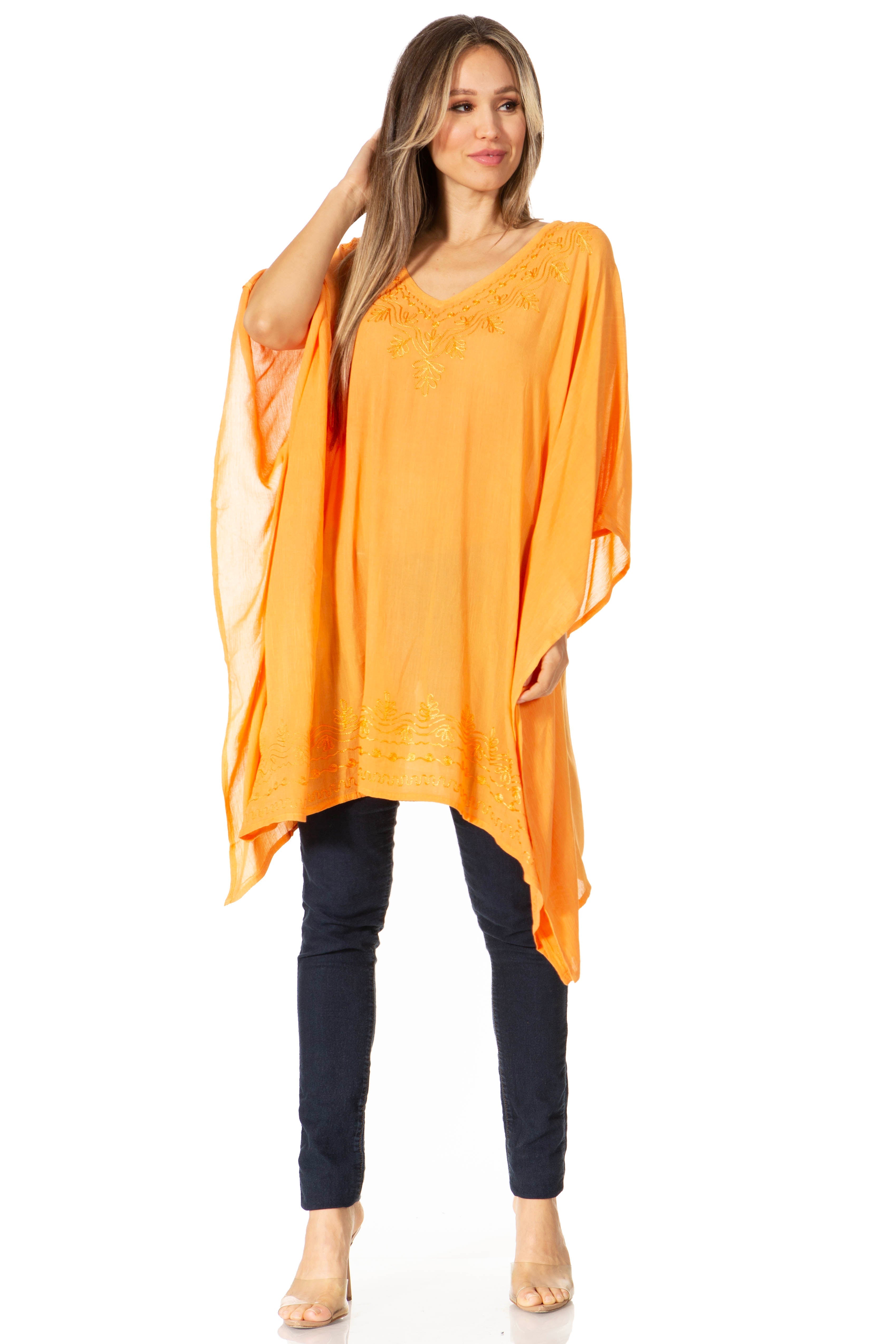Sakkas - Wren Lightweight Circle Poncho Top Blouse With Detailed Embroidery