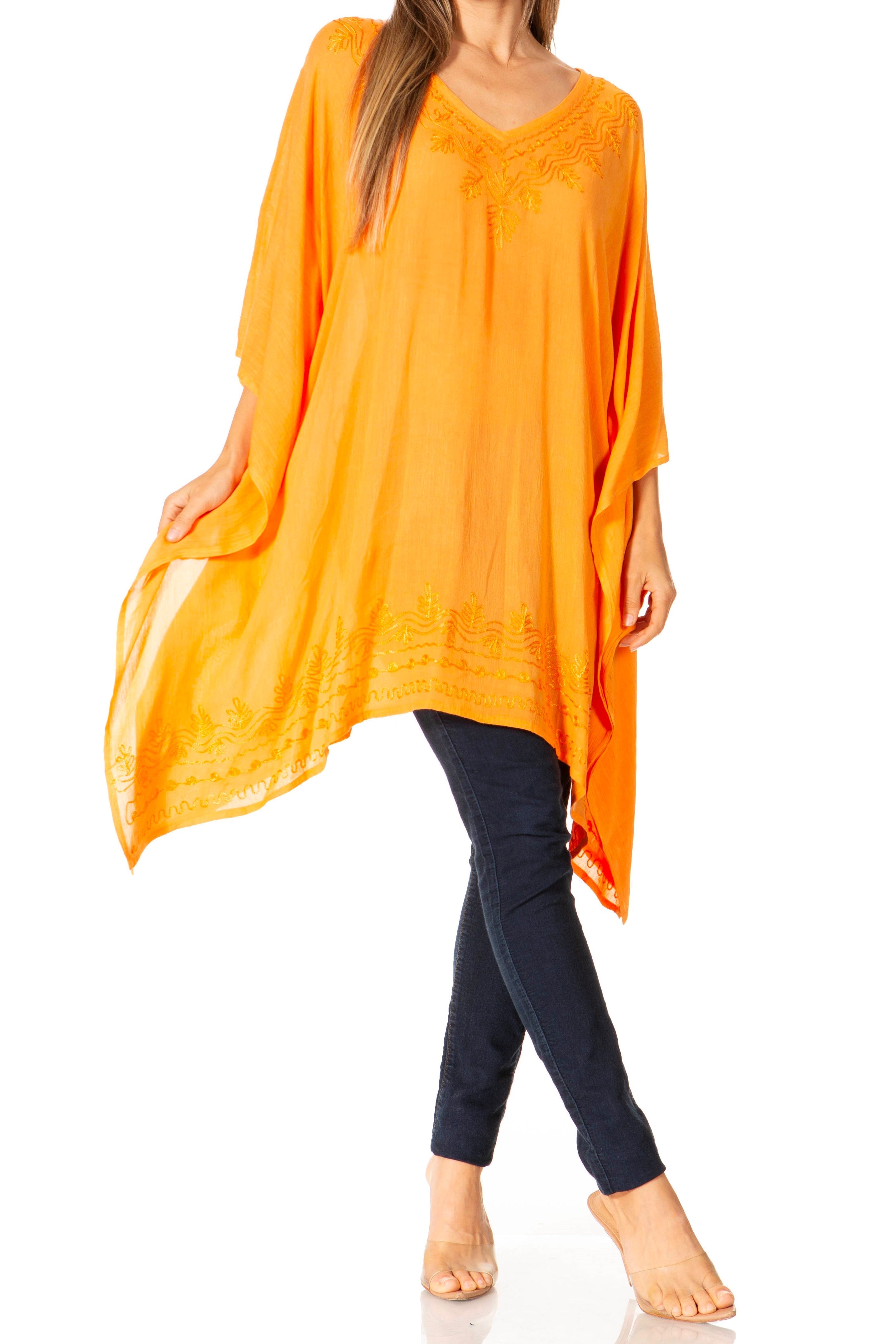 Sakkas - Wren Lightweight Circle Poncho Top Blouse With Detailed Embroidery