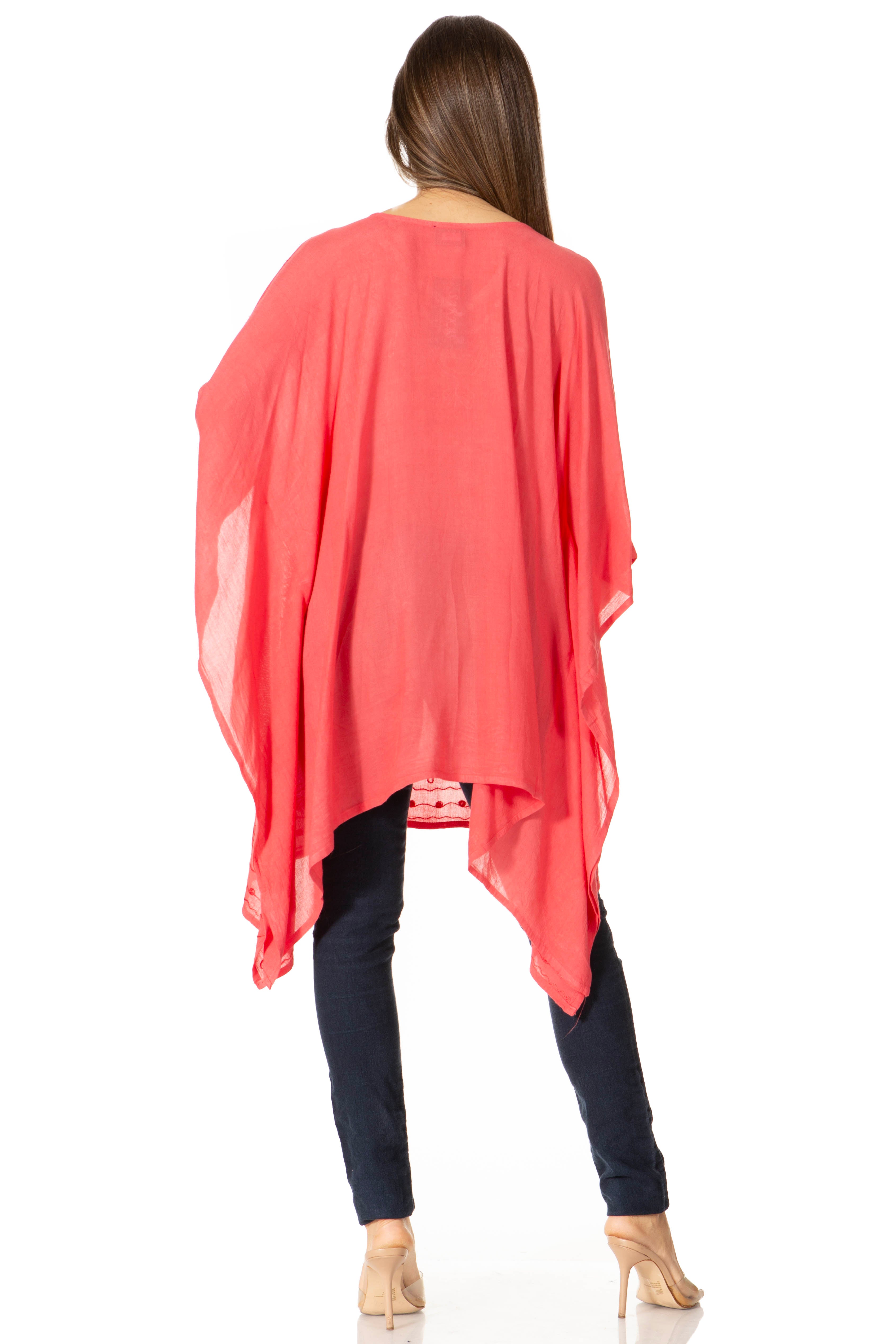Sakkas - Wren Lightweight Circle Poncho Top Blouse With Detailed Embroidery