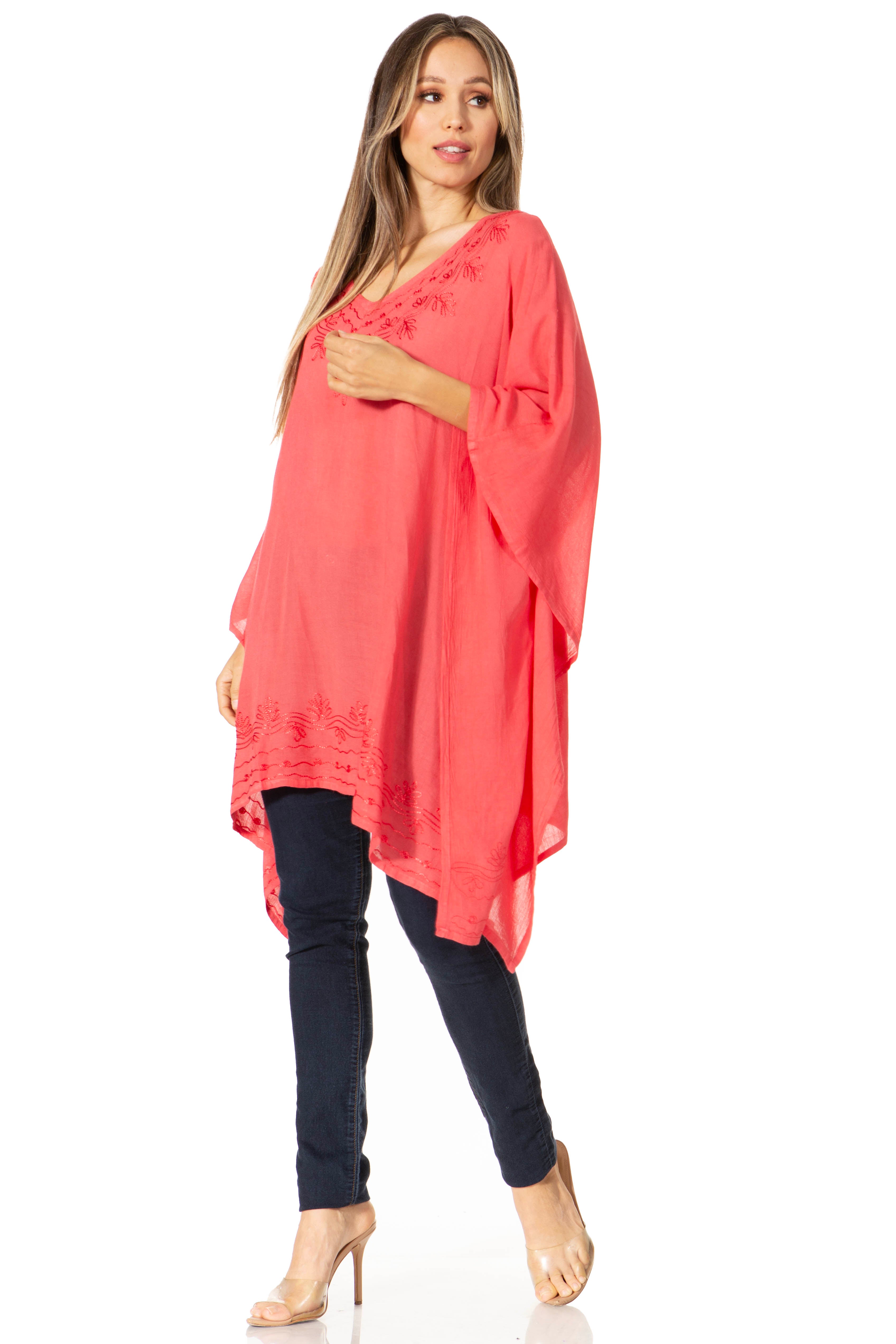 Sakkas - Wren Lightweight Circle Poncho Top Blouse With Detailed Embroidery