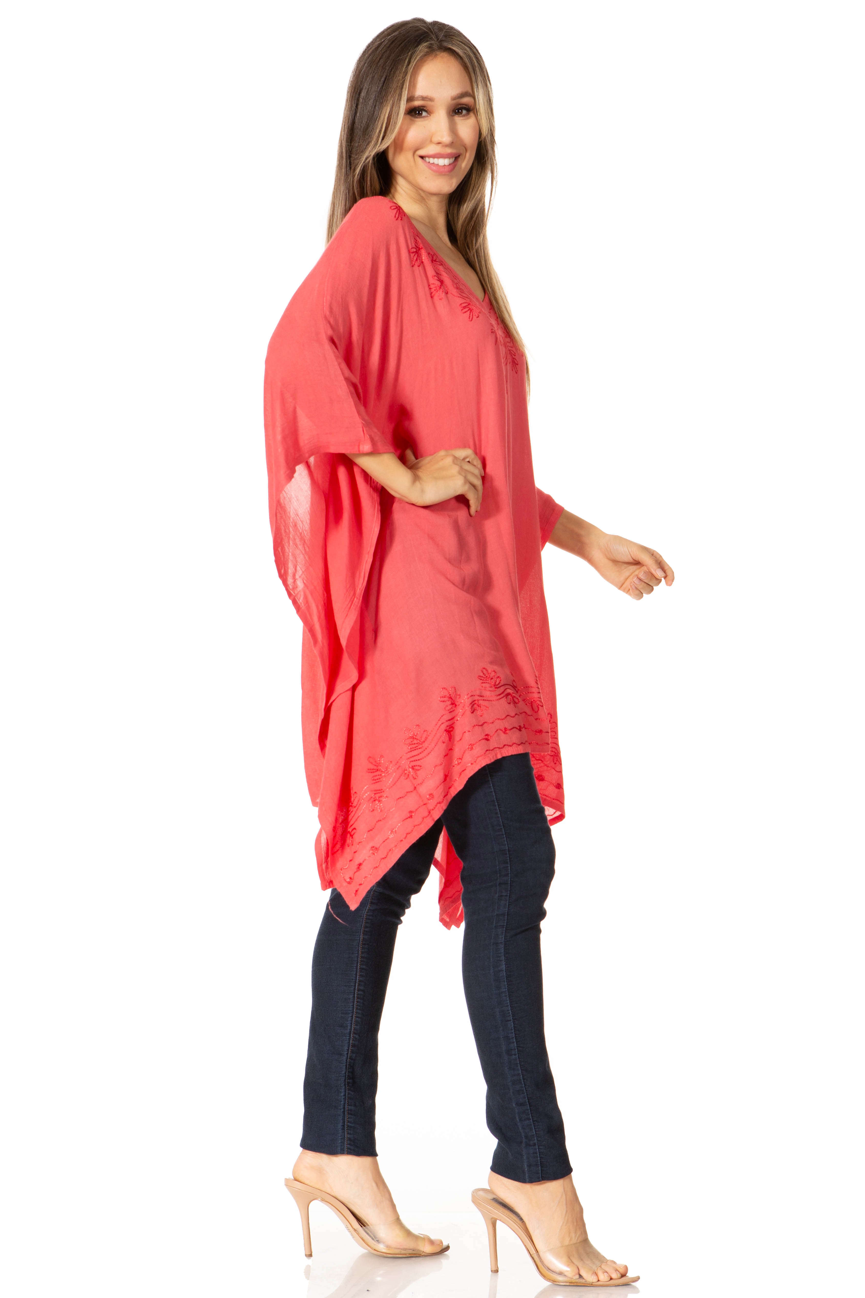 Sakkas - Wren Lightweight Circle Poncho Top Blouse With Detailed Embroidery