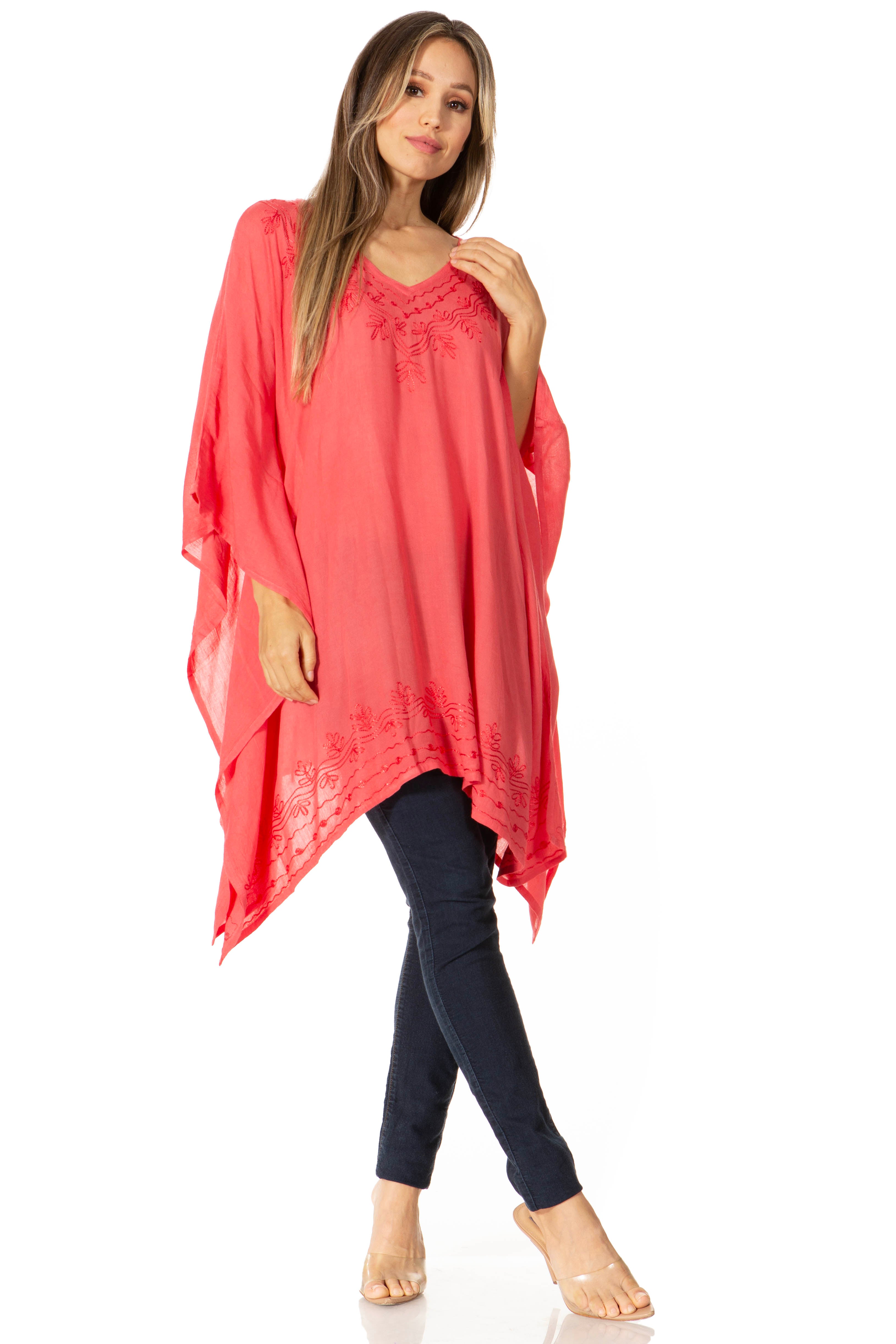 Sakkas - Wren Lightweight Circle Poncho Top Blouse With Detailed Embroidery