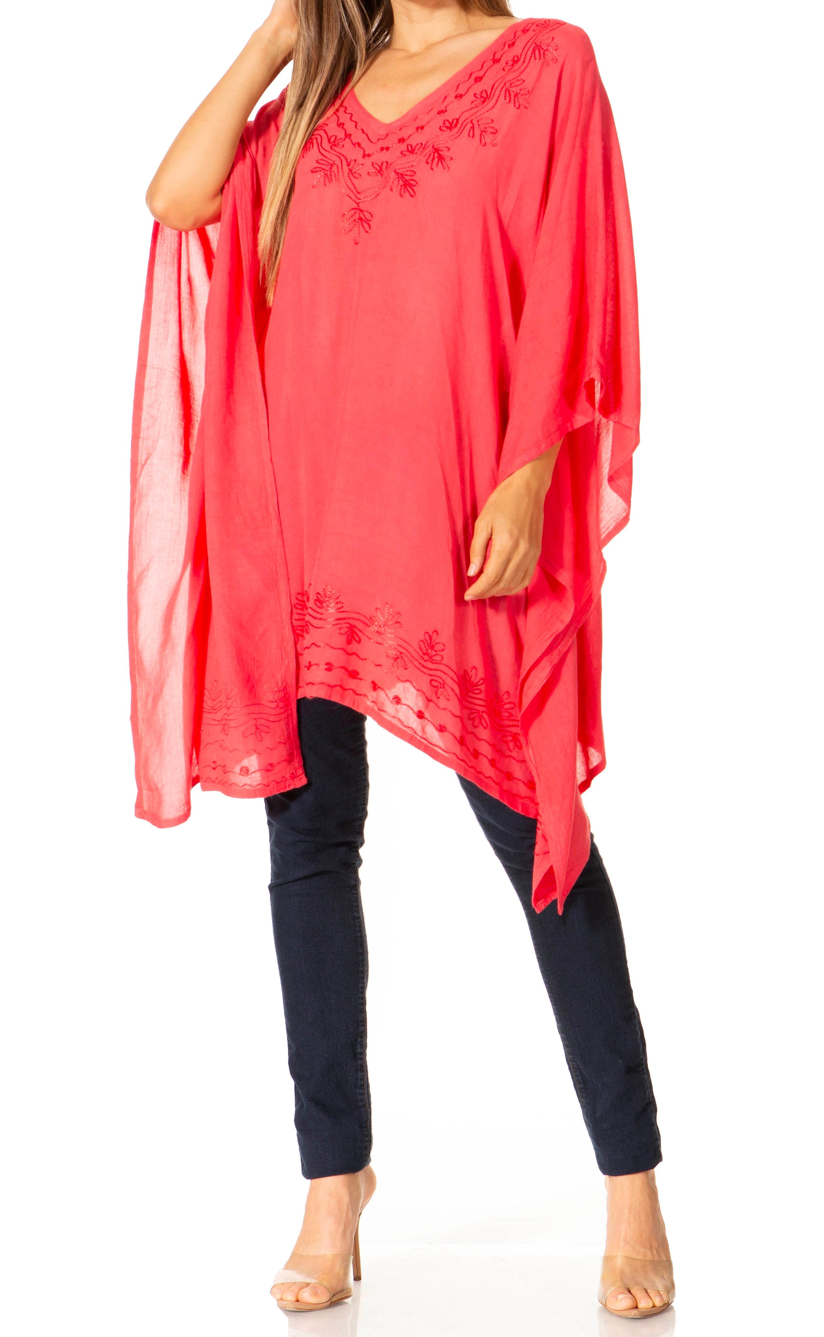 Sakkas - Wren Lightweight Circle Poncho Top Blouse With Detailed Embroidery