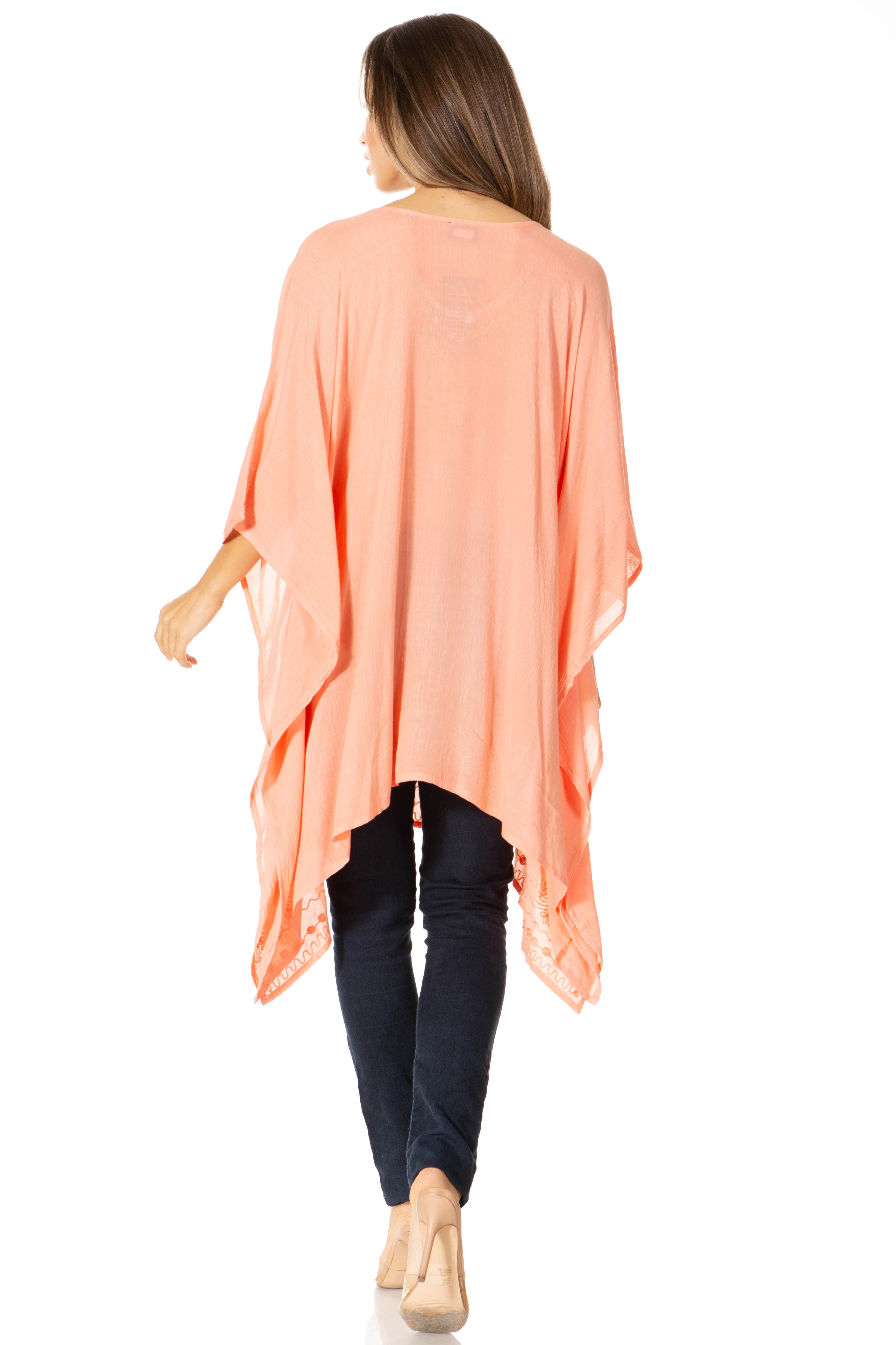 Sakkas - Wren Lightweight Circle Poncho Top Blouse With Detailed Embroidery