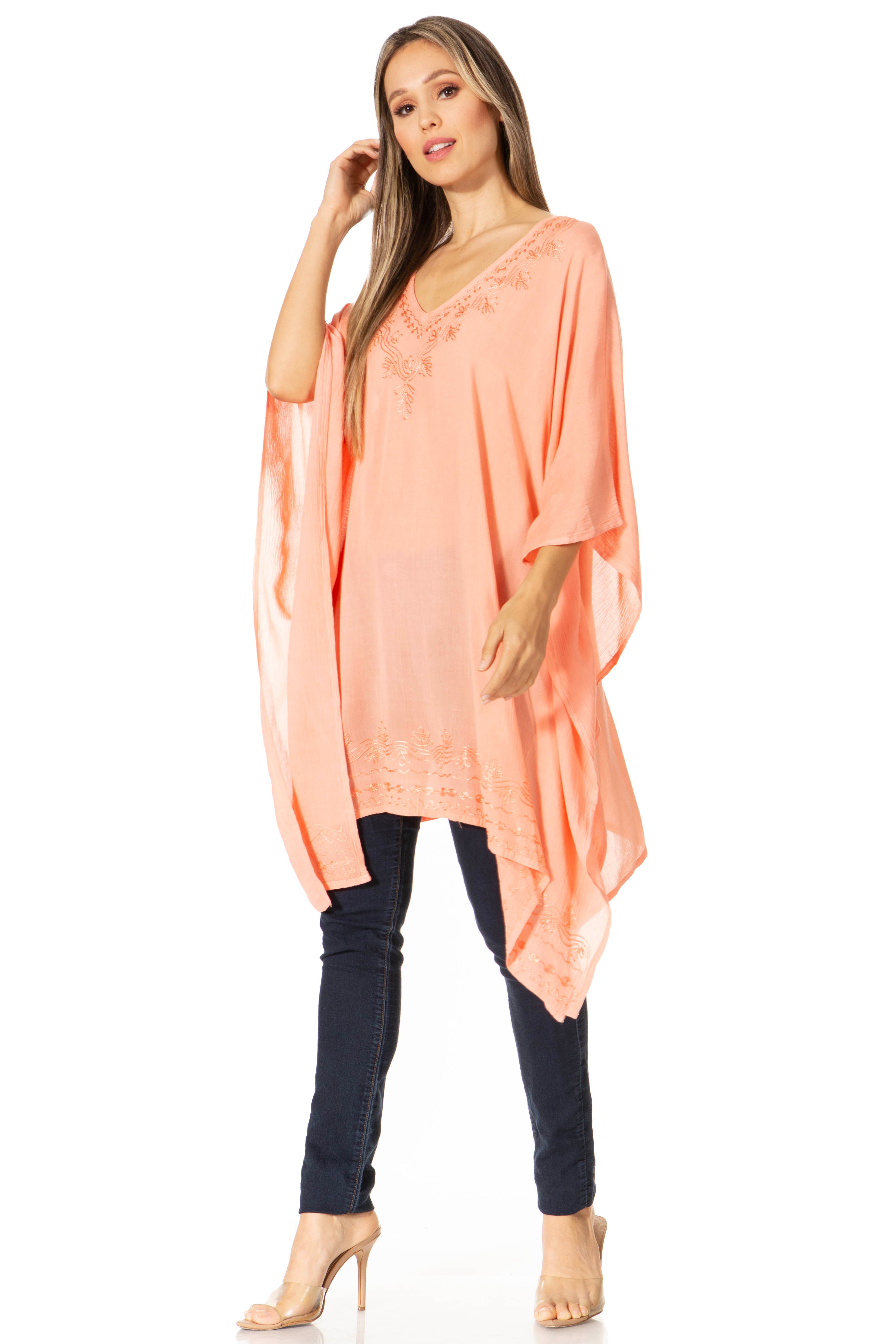 Sakkas - Wren Lightweight Circle Poncho Top Blouse With Detailed Embroidery