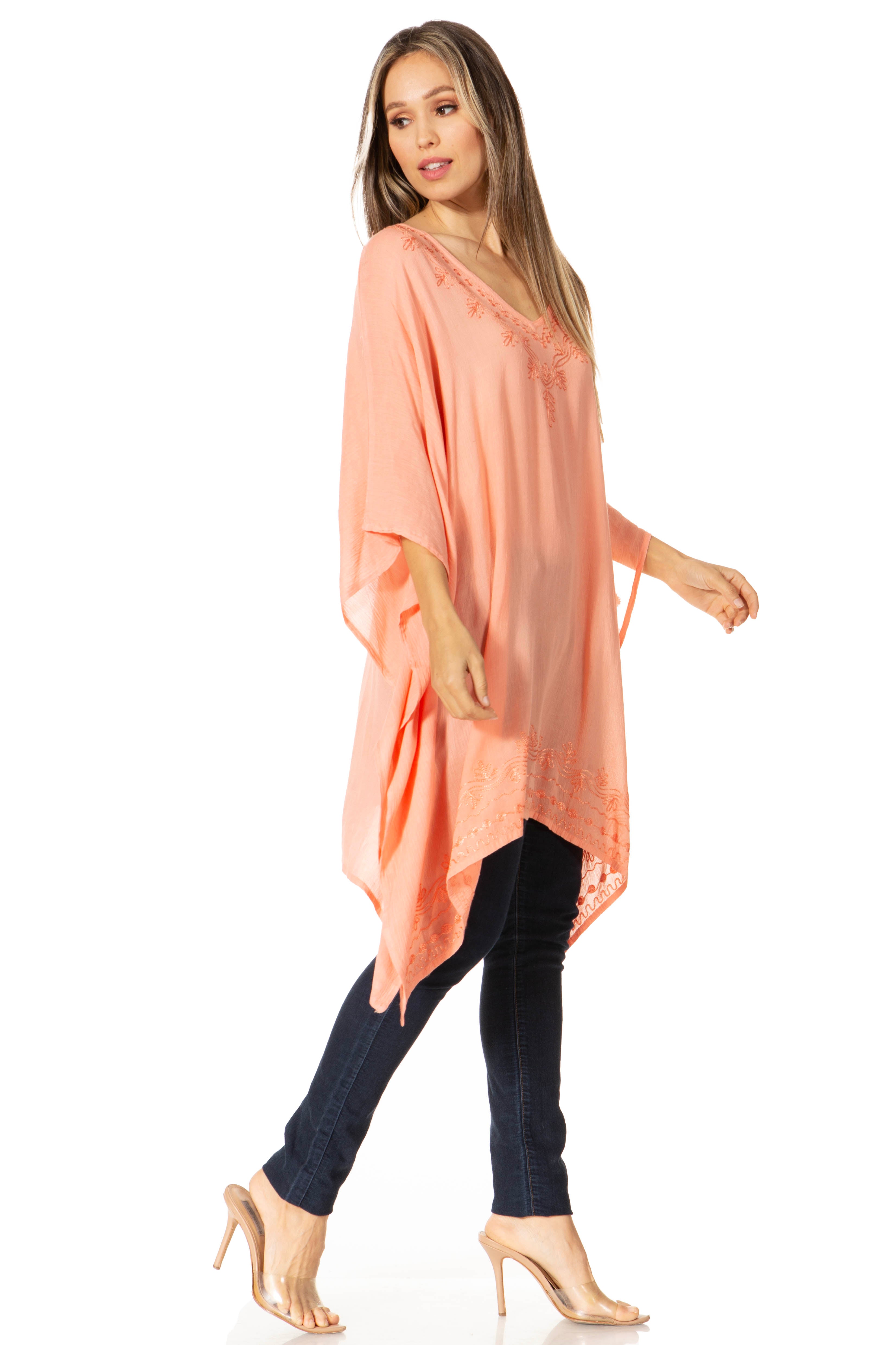 Sakkas - Wren Lightweight Circle Poncho Top Blouse With Detailed Embroidery