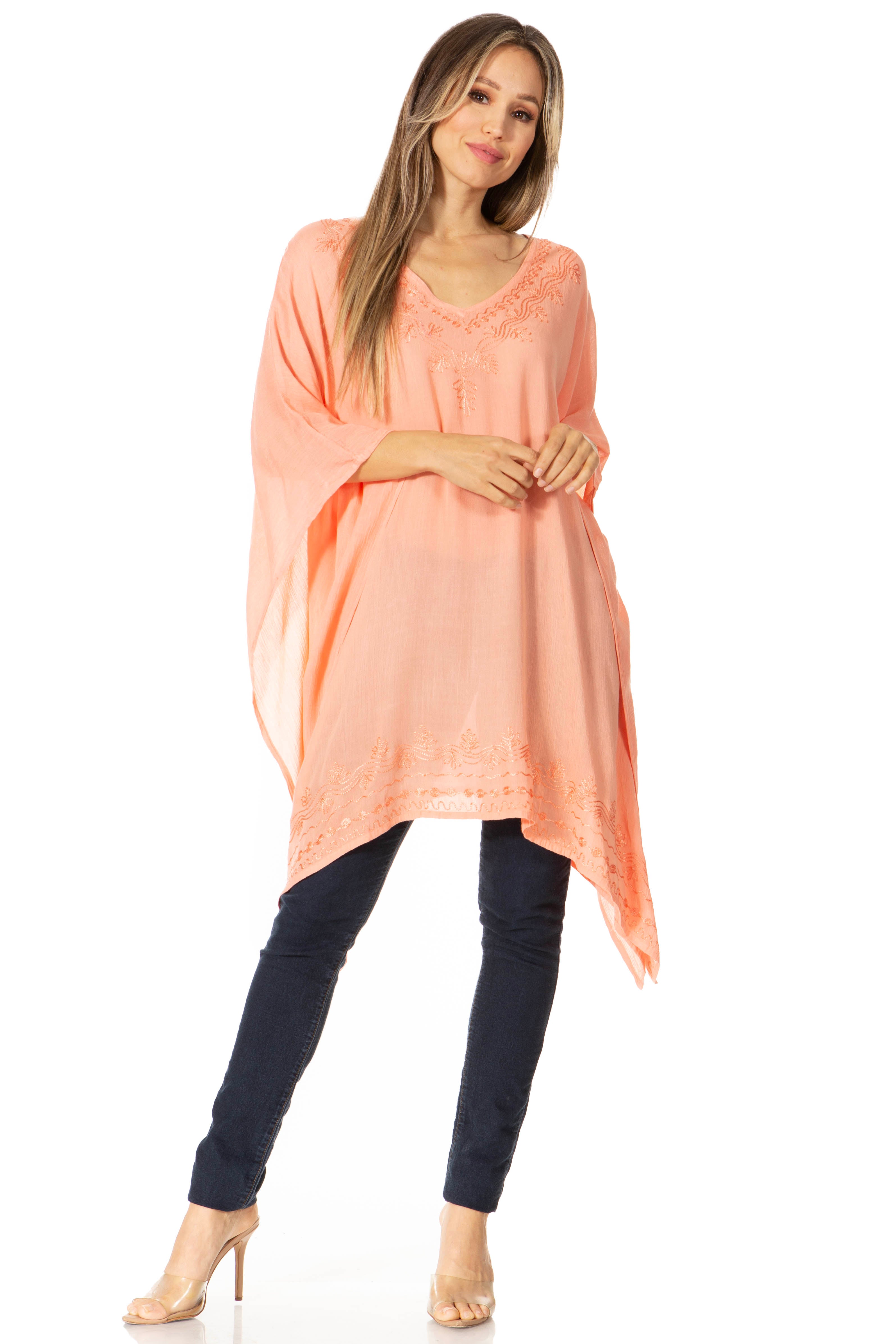 Sakkas - Wren Lightweight Circle Poncho Top Blouse With Detailed Embroidery