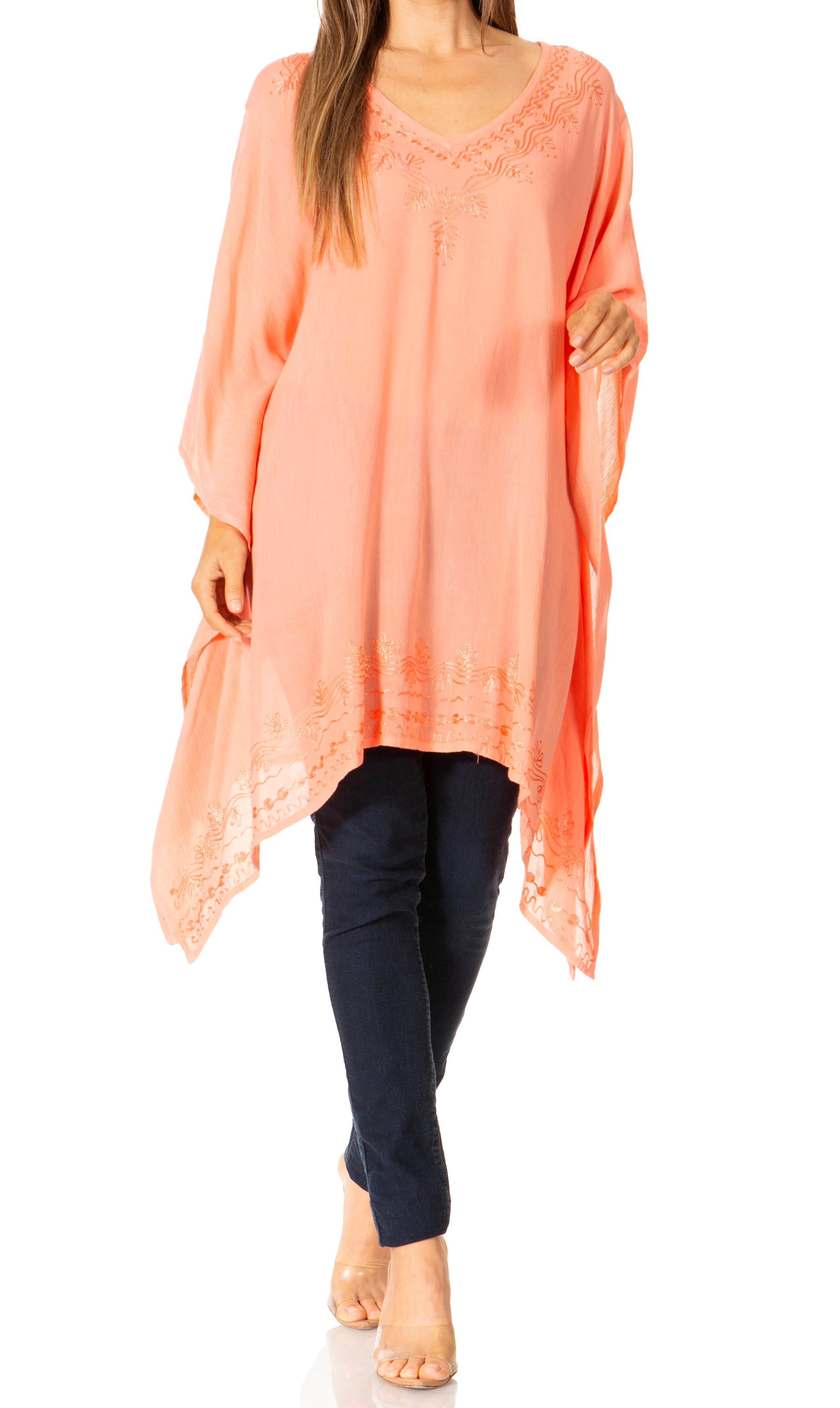 Sakkas - Wren Lightweight Circle Poncho Top Blouse With Detailed Embroidery