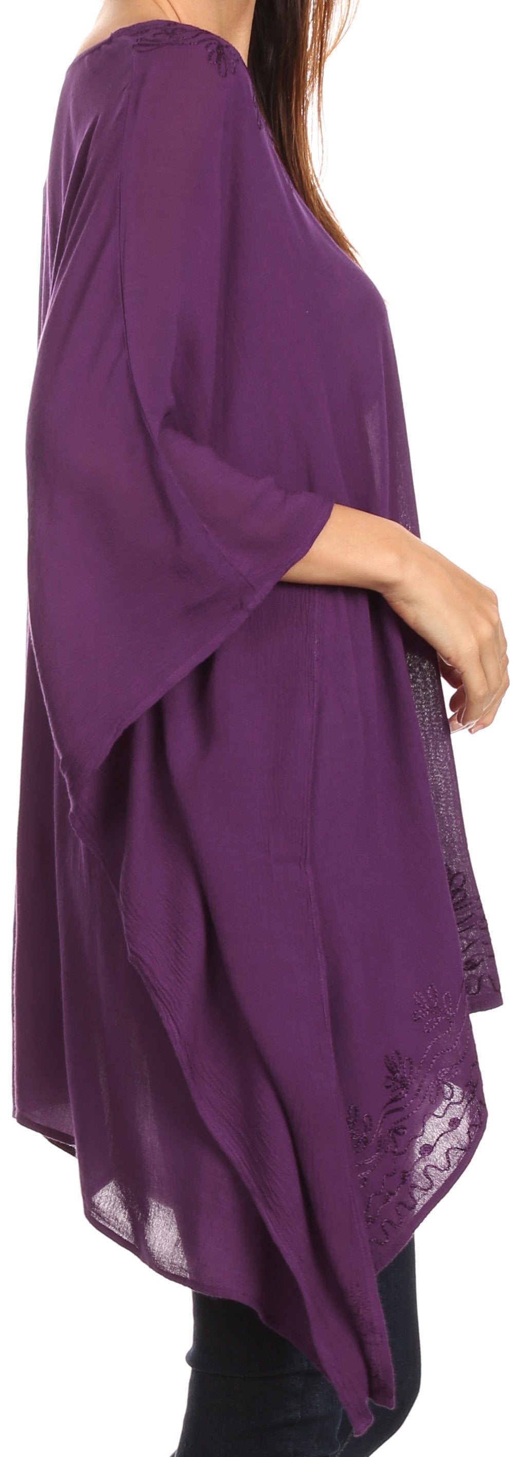 Sakkas - Wren Lightweight Circle Poncho Top Blouse With Detailed Embroidery