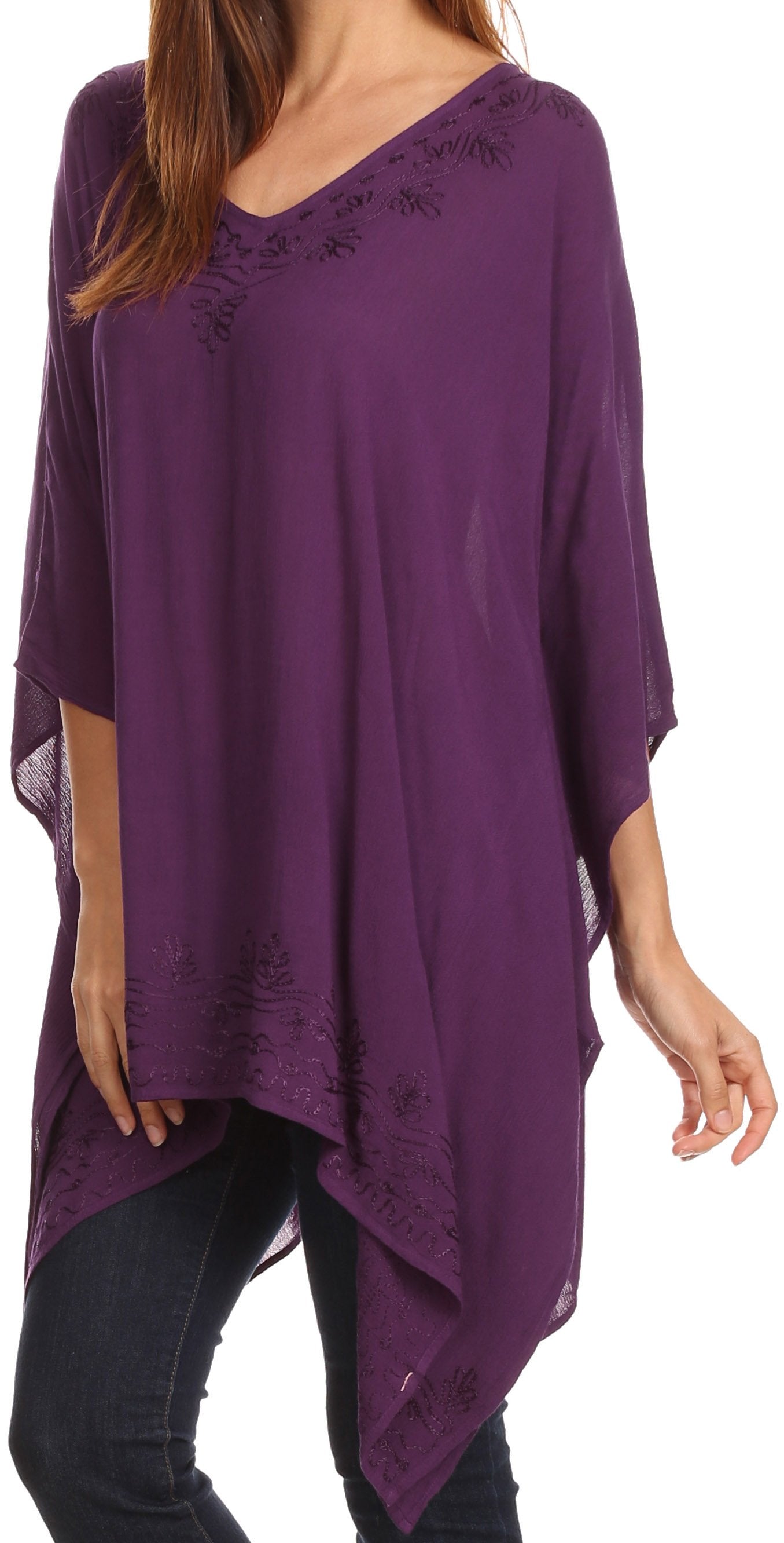 Sakkas - Wren Lightweight Circle Poncho Top Blouse With Detailed Embroidery