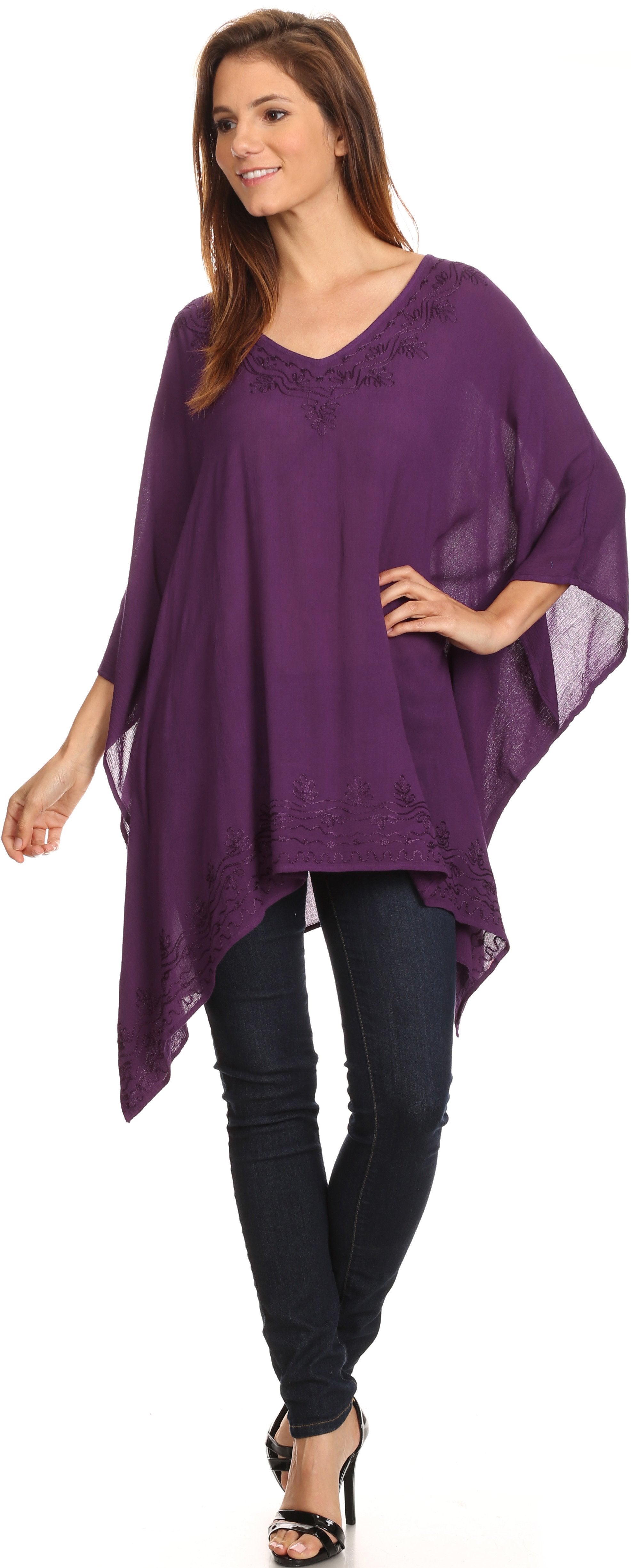 Sakkas - Wren Lightweight Circle Poncho Top Blouse With Detailed Embroidery