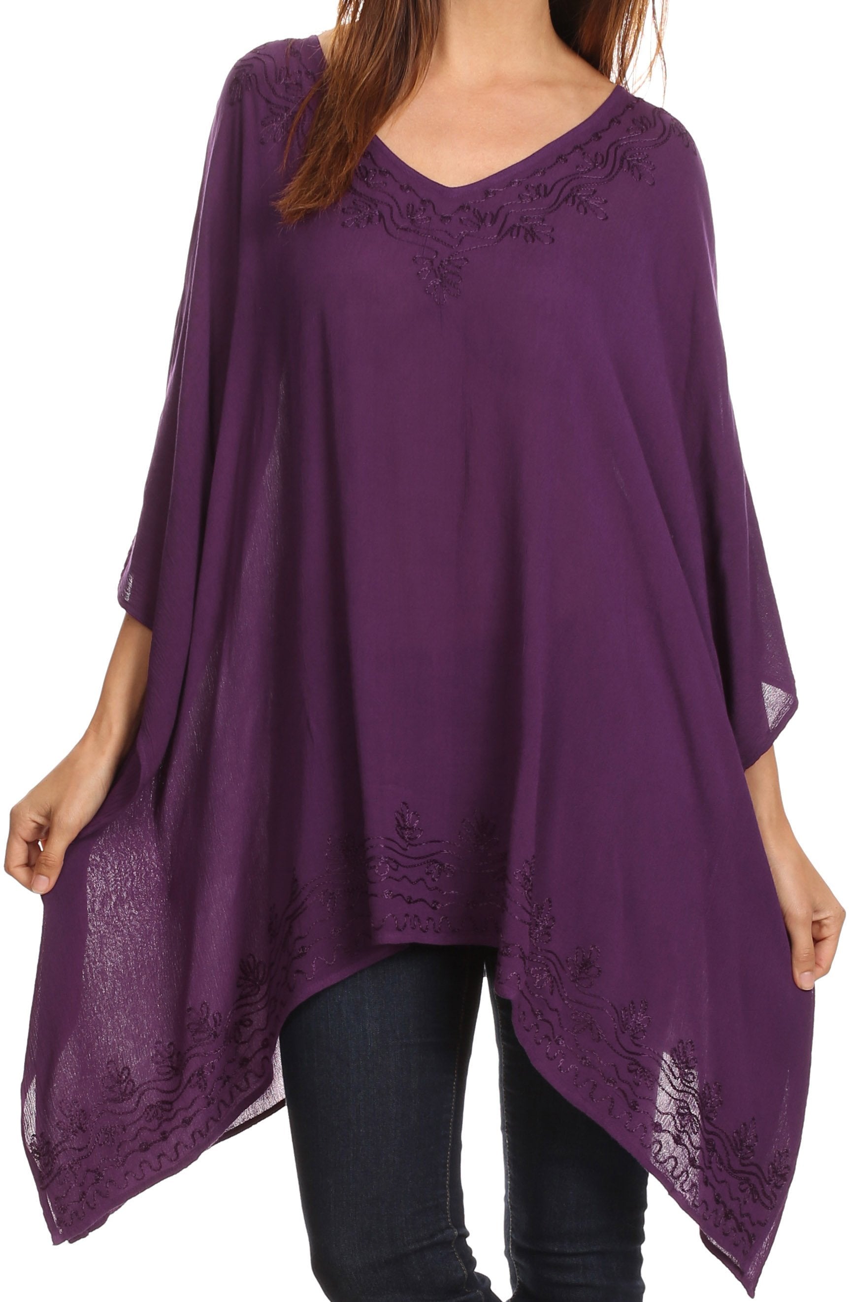 Sakkas - Wren Lightweight Circle Poncho Top Blouse With Detailed Embroidery