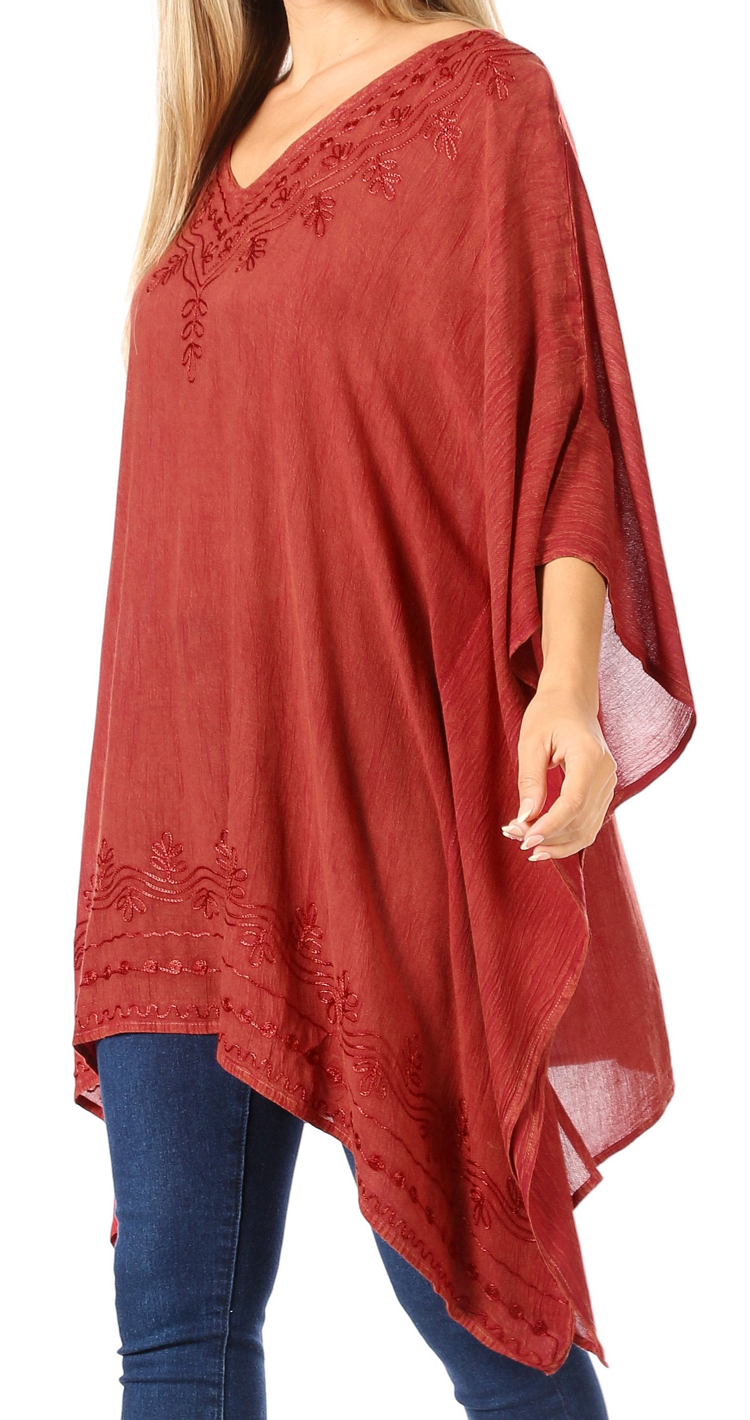 Sakkas - Wren Lightweight Circle Poncho Top Blouse With Detailed Embroidery