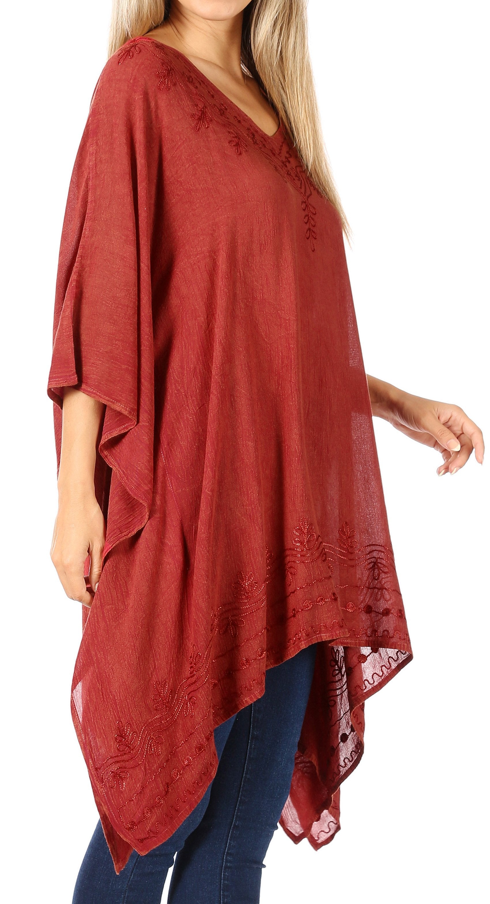 Sakkas - Wren Lightweight Circle Poncho Top Blouse With Detailed Embroidery