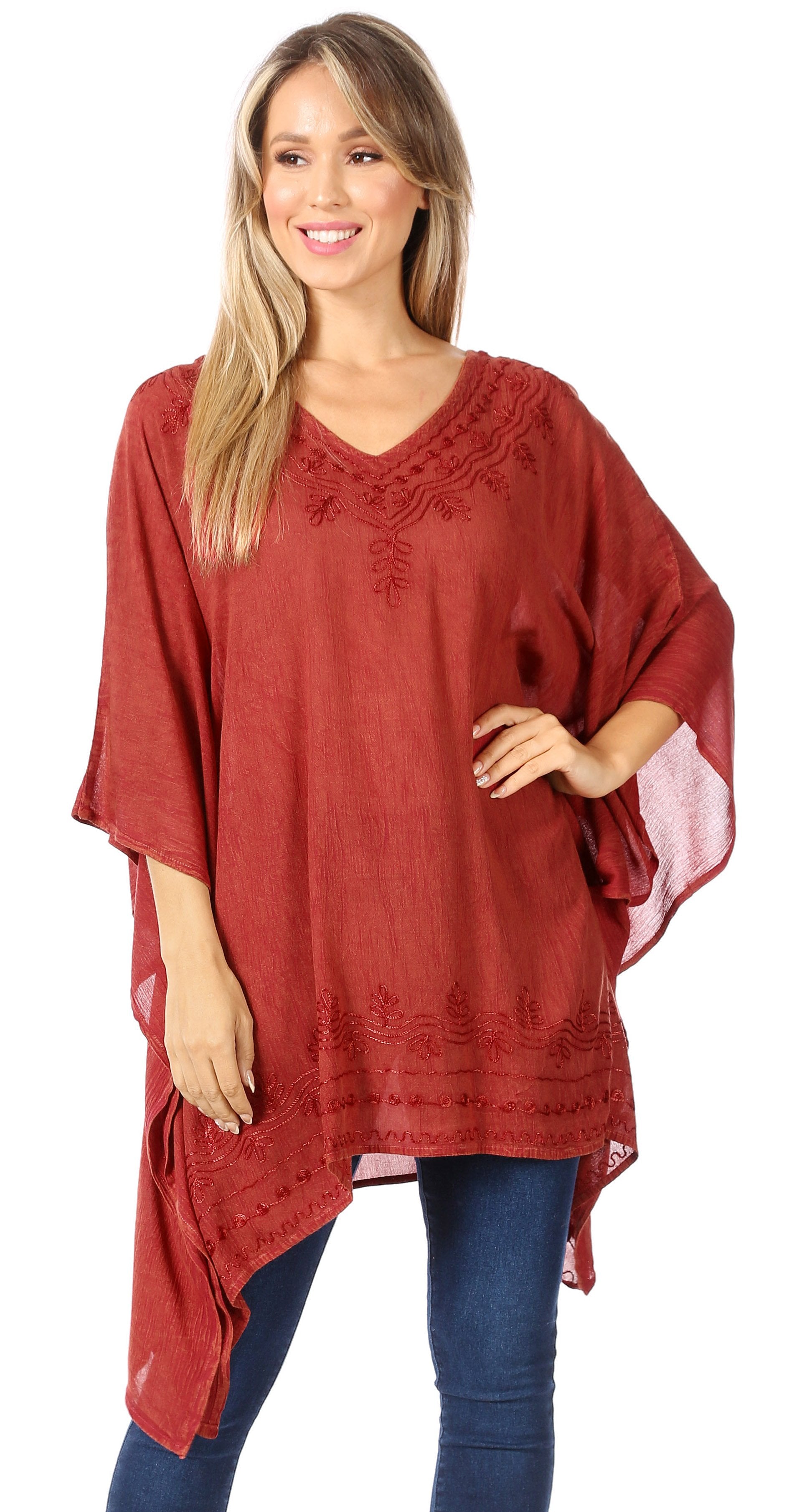 Sakkas - Wren Lightweight Circle Poncho Top Blouse With Detailed Embroidery