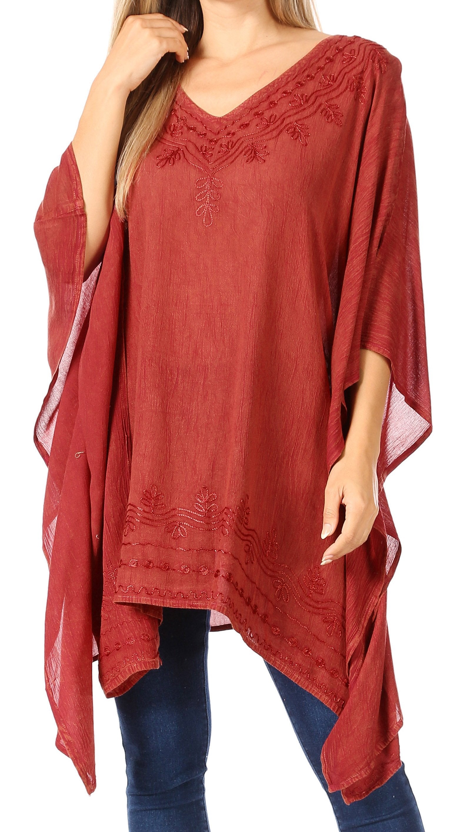 Sakkas - Wren Lightweight Circle Poncho Top Blouse With Detailed Embroidery