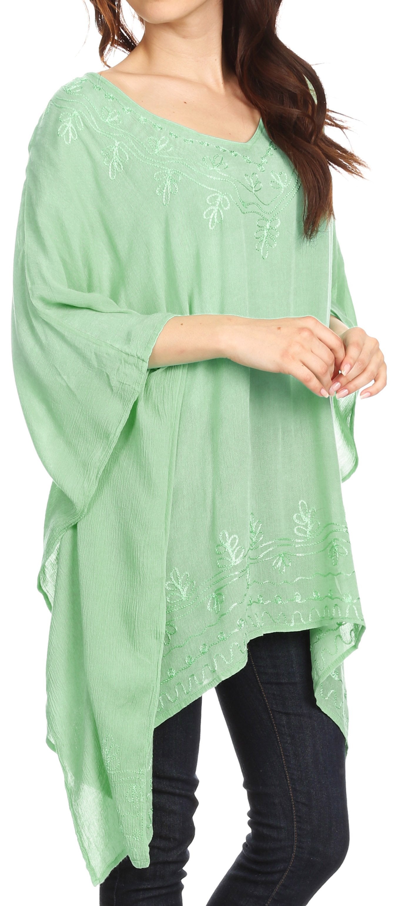 Sakkas - Wren Lightweight Circle Poncho Top Blouse With Detailed Embroidery