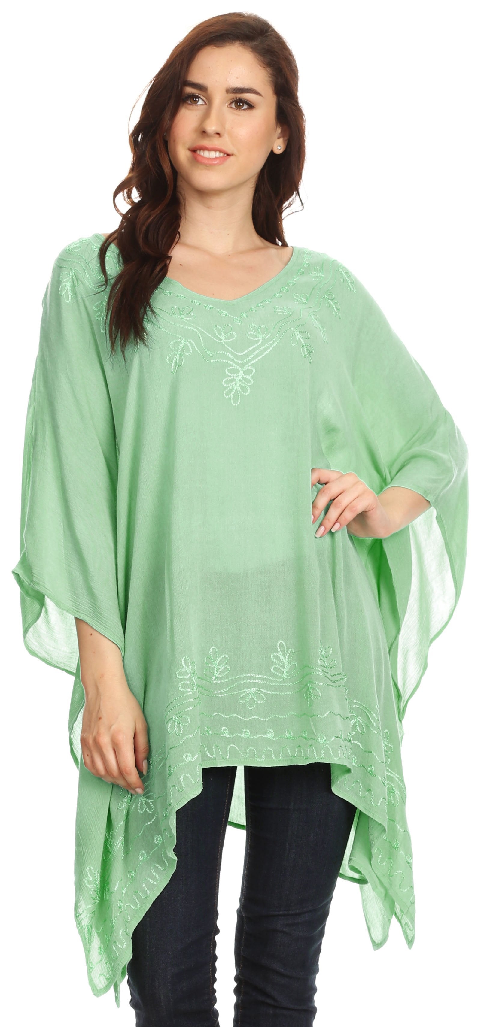 Sakkas - Wren Lightweight Circle Poncho Top Blouse With Detailed Embroidery