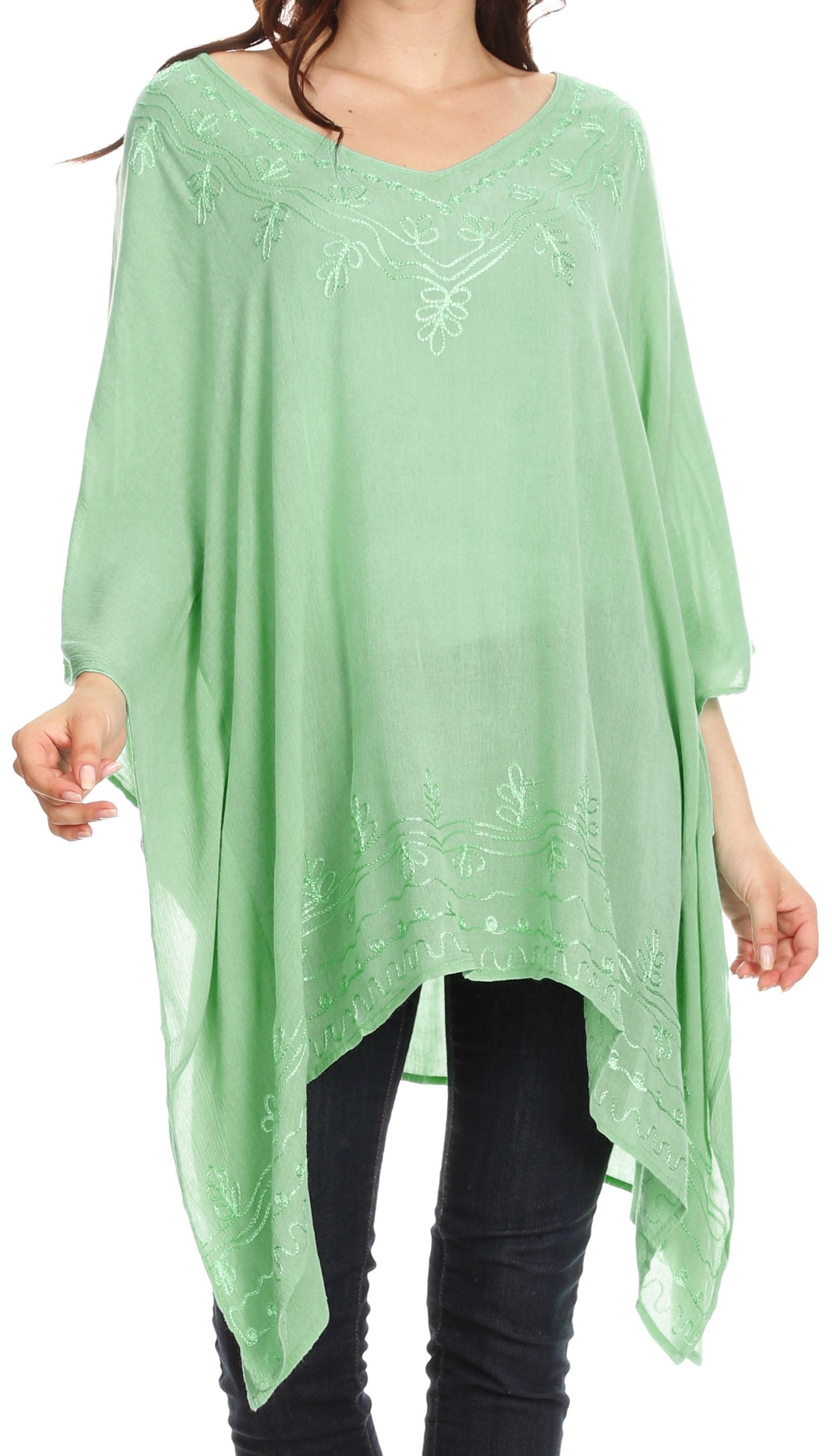 Sakkas - Wren Lightweight Circle Poncho Top Blouse With Detailed Embroidery