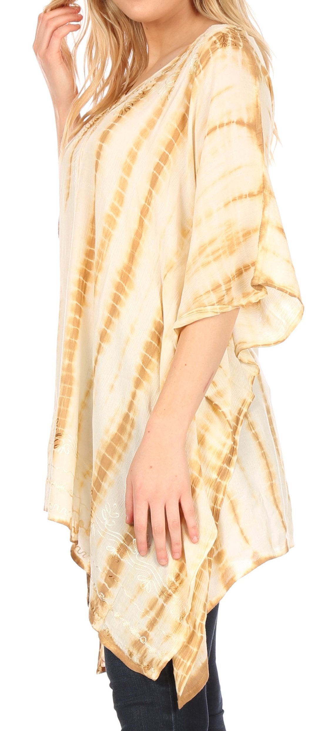 Sakkas - Wren Lightweight Circle Poncho Top Blouse With Detailed Embroidery