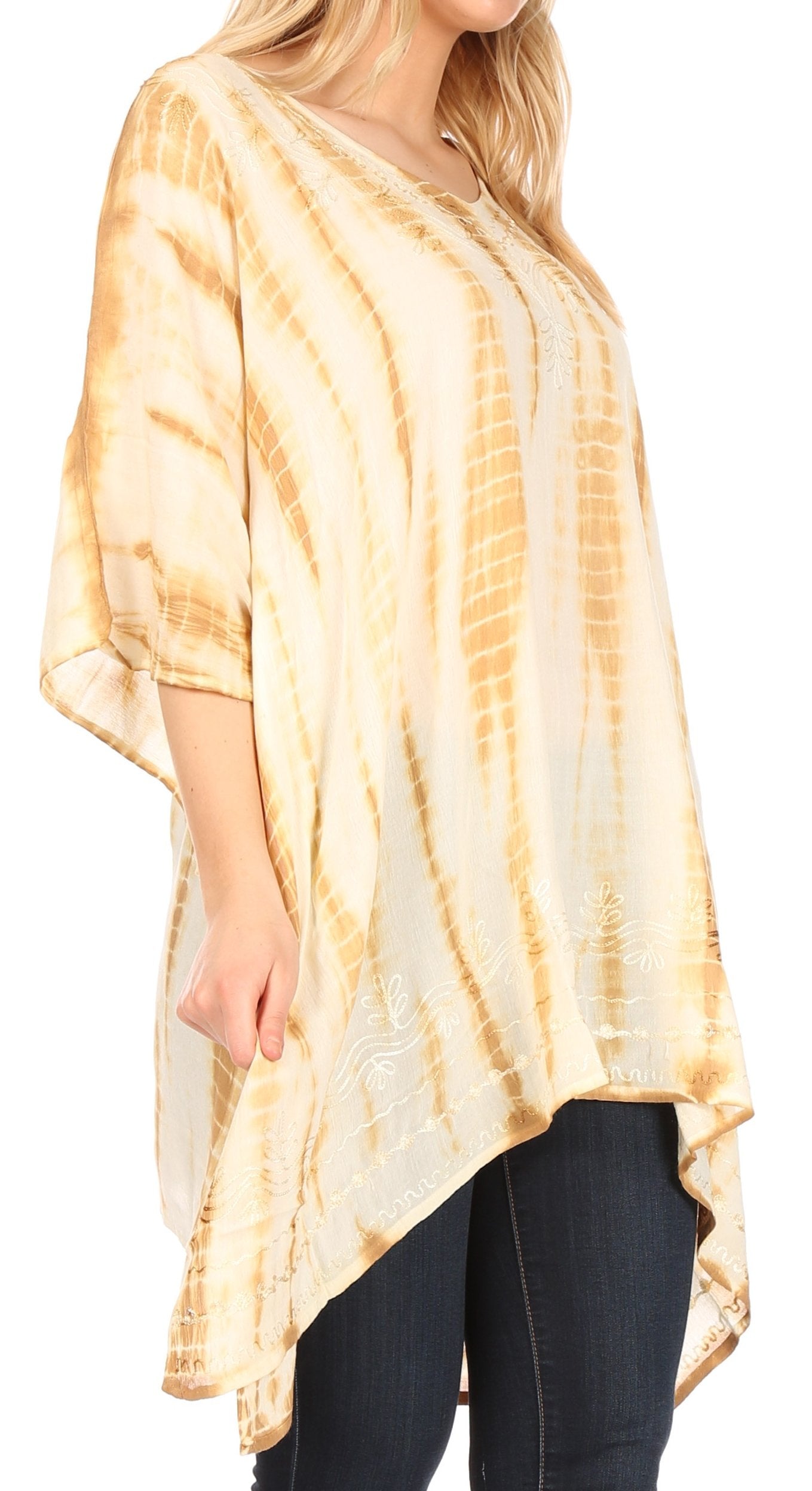 Sakkas - Wren Lightweight Circle Poncho Top Blouse With Detailed Embroidery