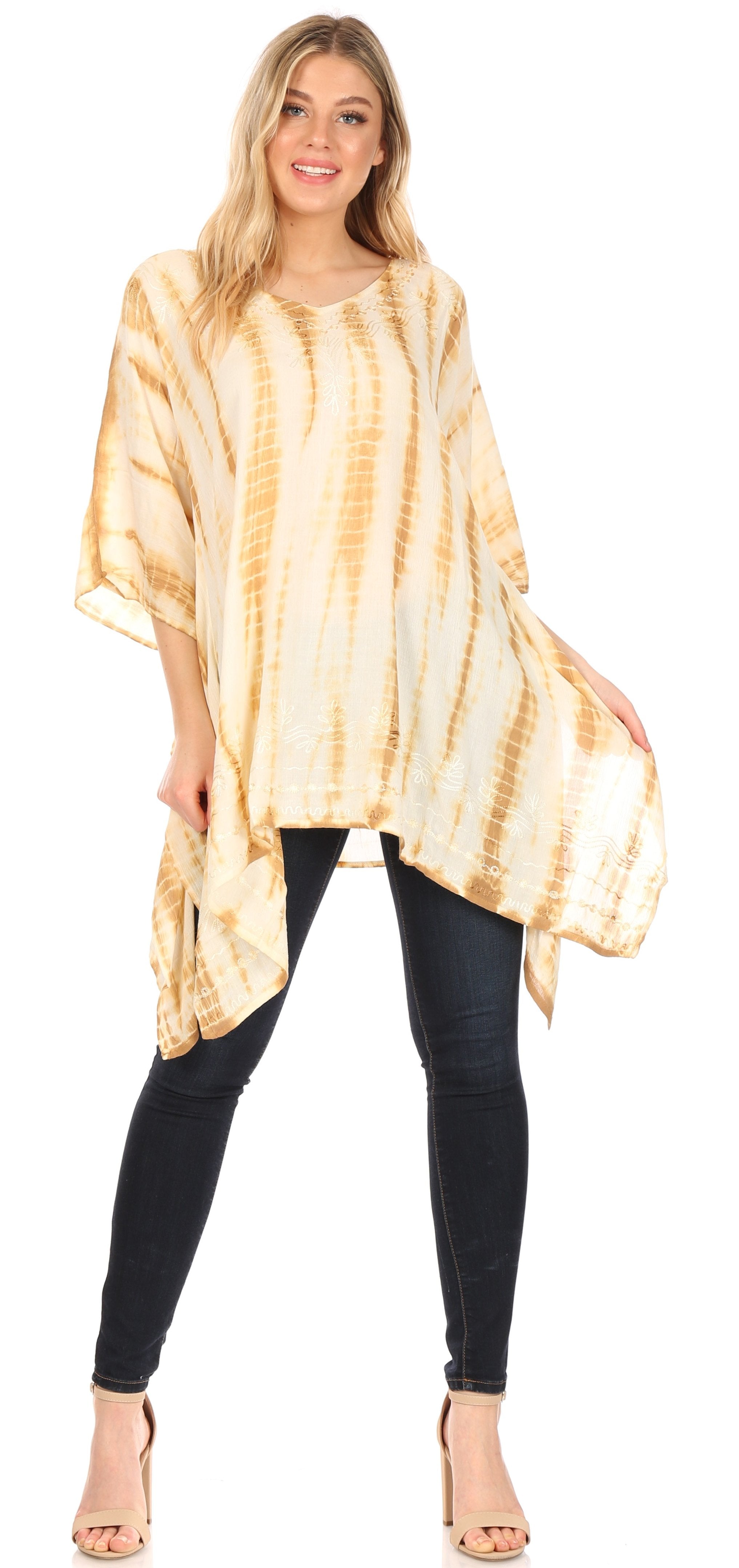Sakkas - Wren Lightweight Circle Poncho Top Blouse With Detailed Embroidery