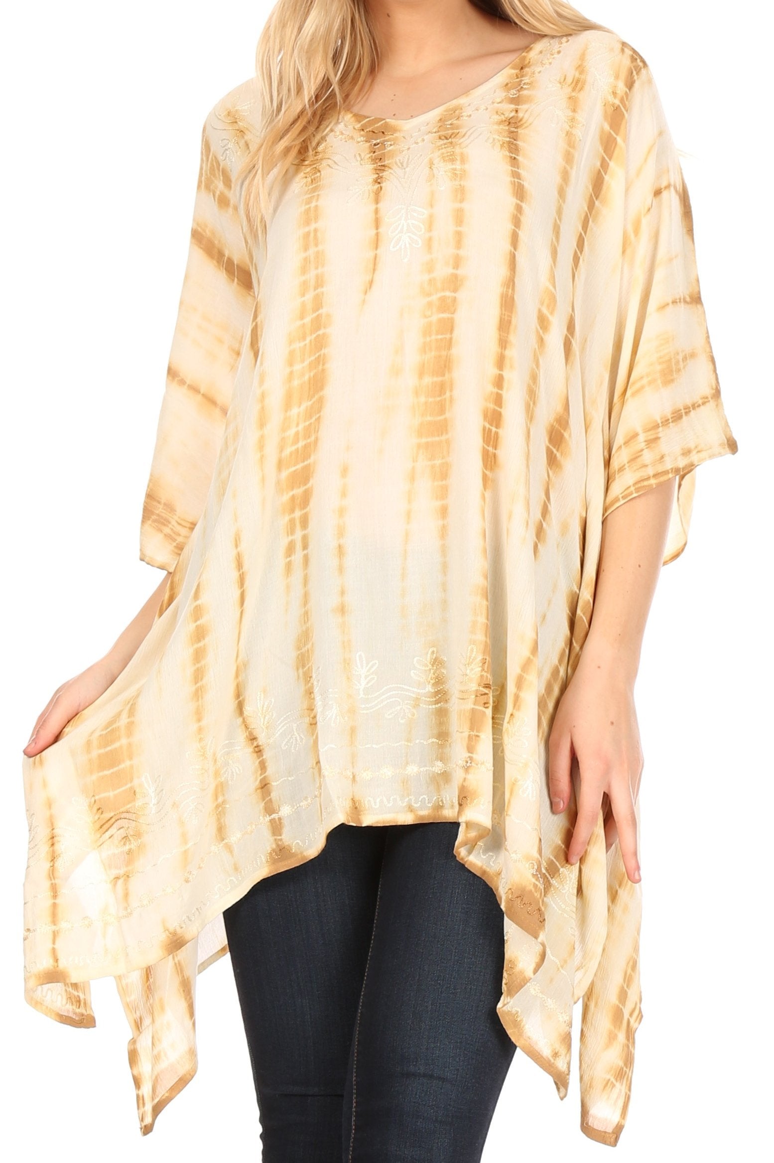 Sakkas - Wren Lightweight Circle Poncho Top Blouse With Detailed Embroidery