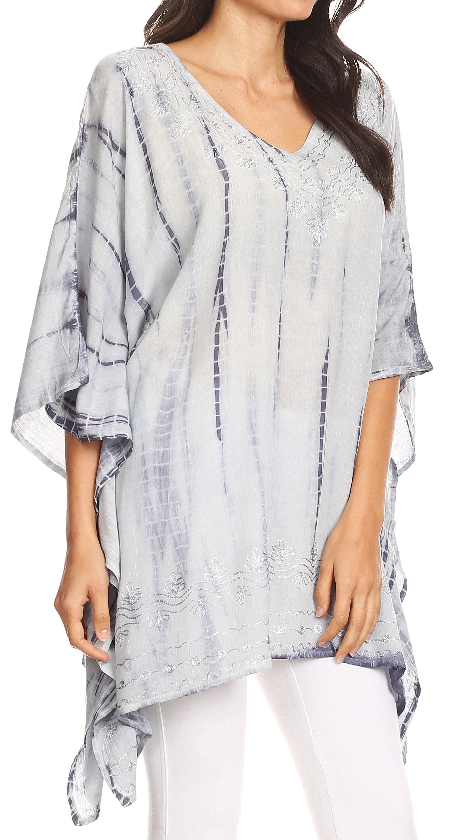 Sakkas - Wren Lightweight Circle Poncho Top Blouse With Detailed Embroidery
