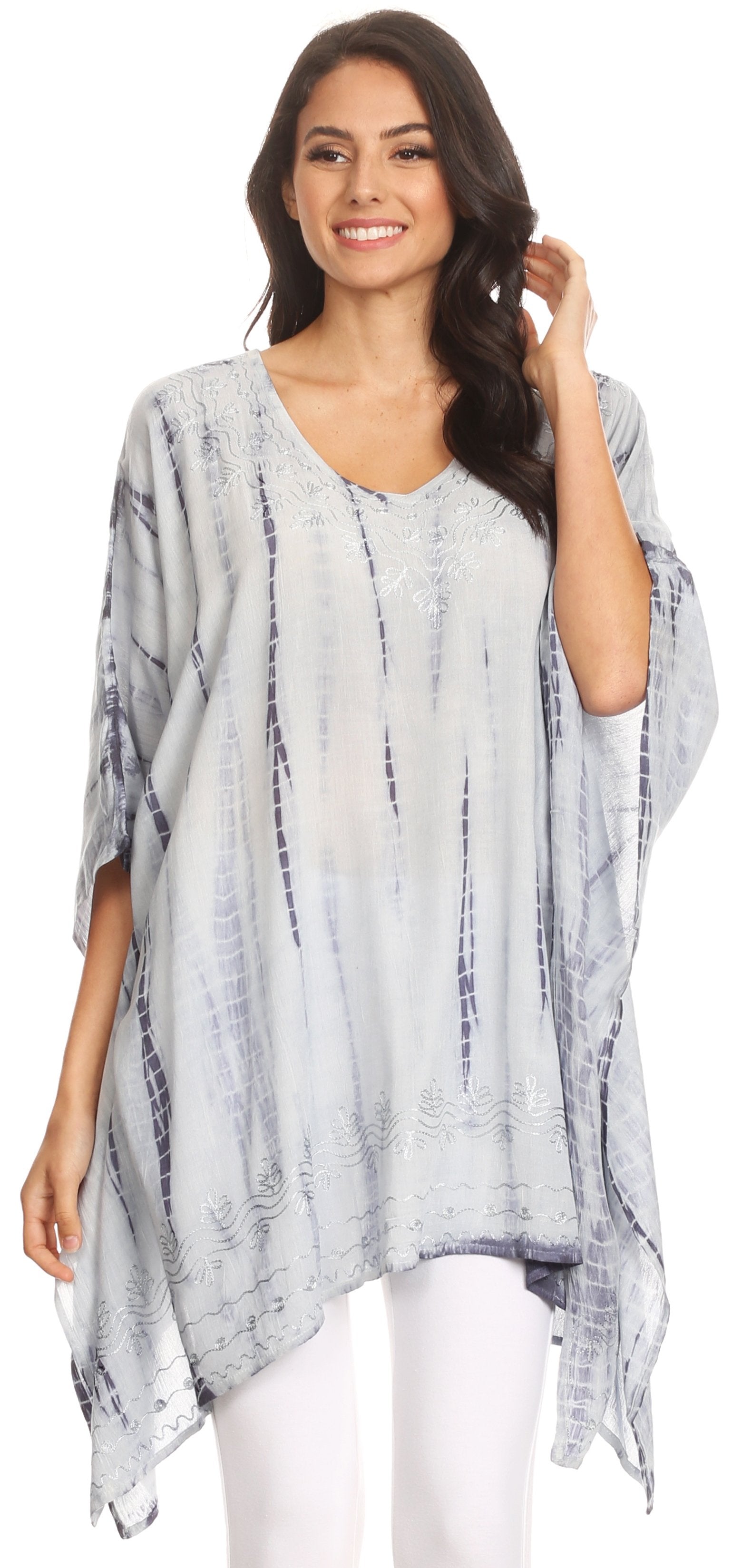 Sakkas - Wren Lightweight Circle Poncho Top Blouse With Detailed Embroidery
