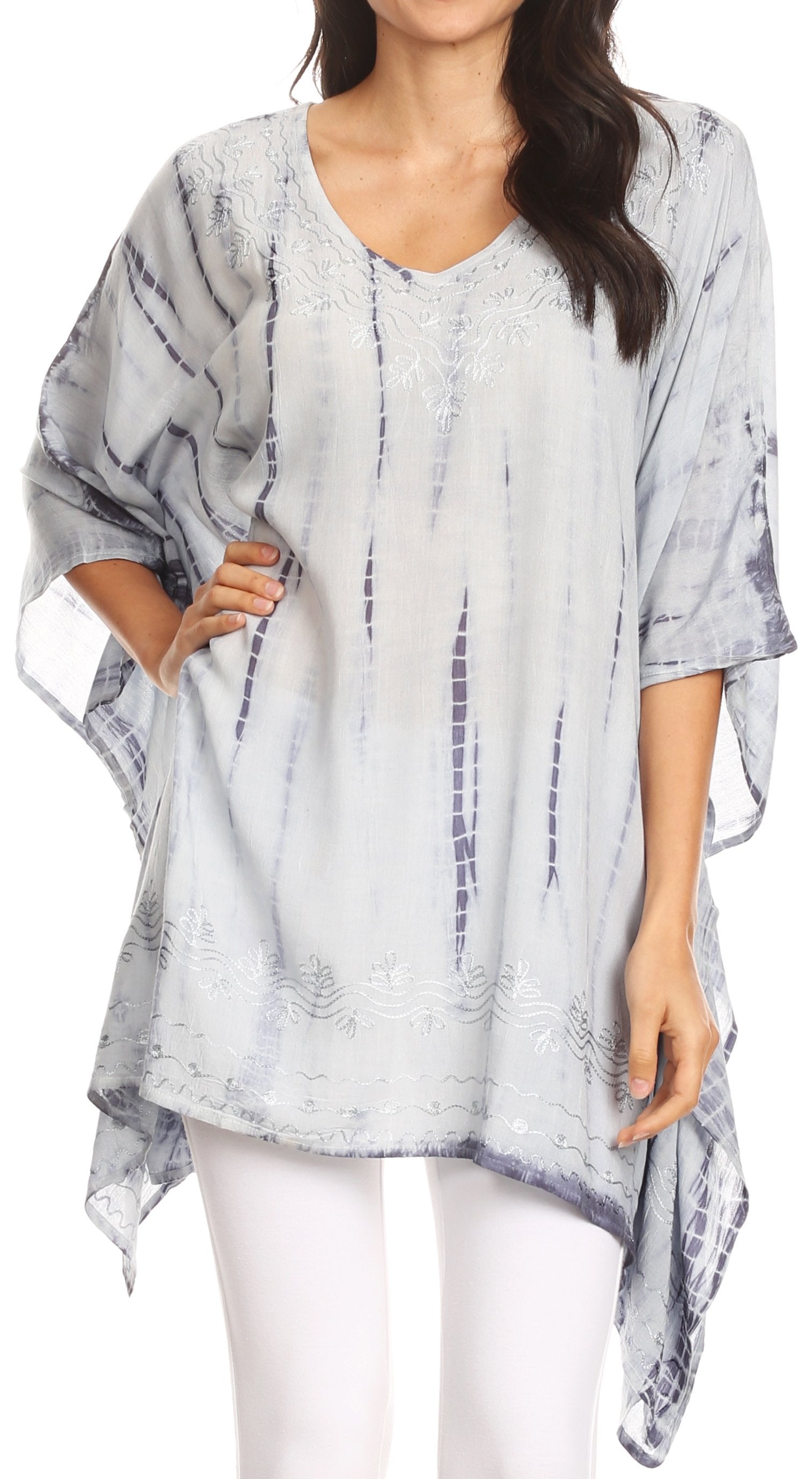 Sakkas - Wren Lightweight Circle Poncho Top Blouse With Detailed Embroidery