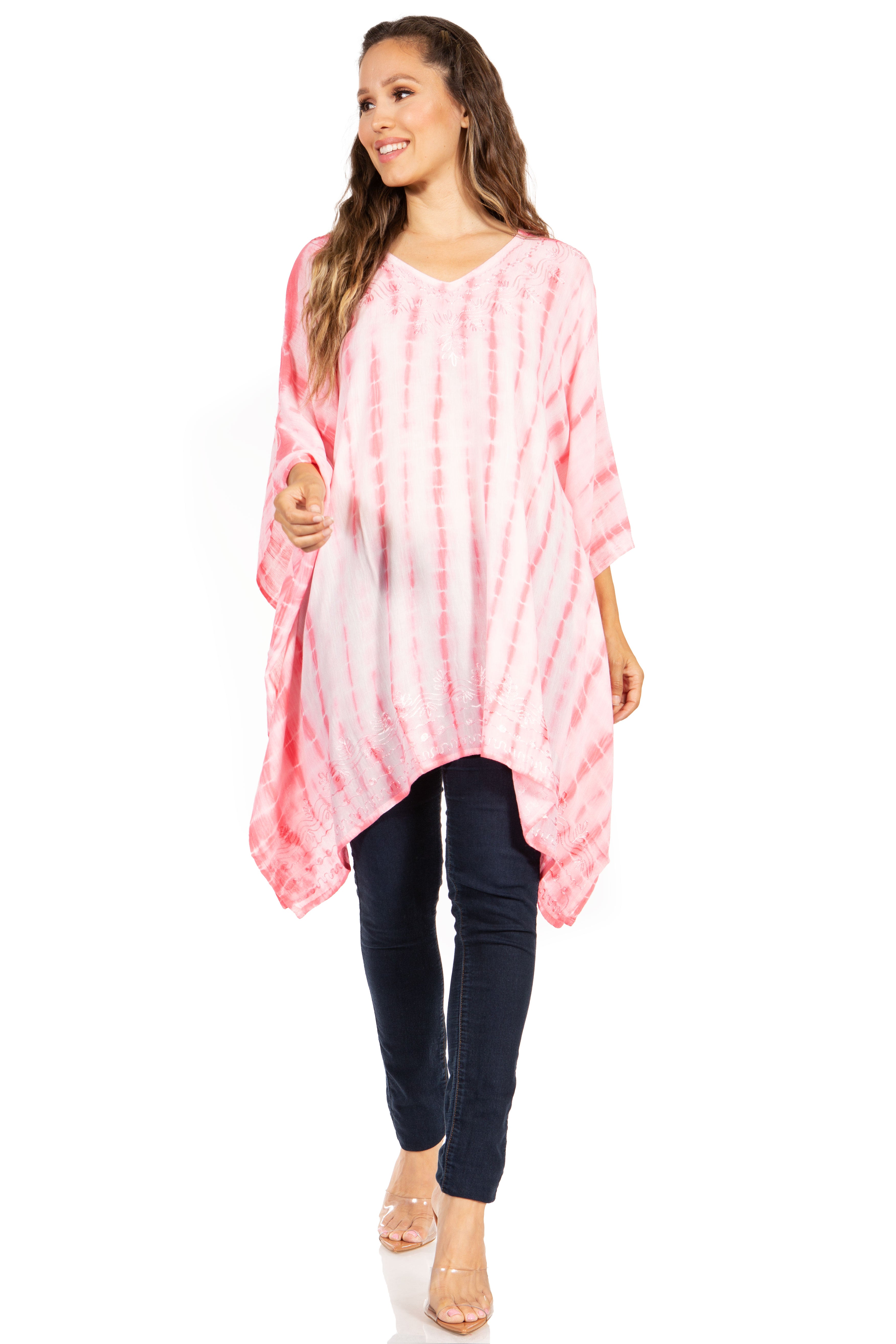 Sakkas - Wren Lightweight Circle Poncho Top Blouse With Detailed Embroidery