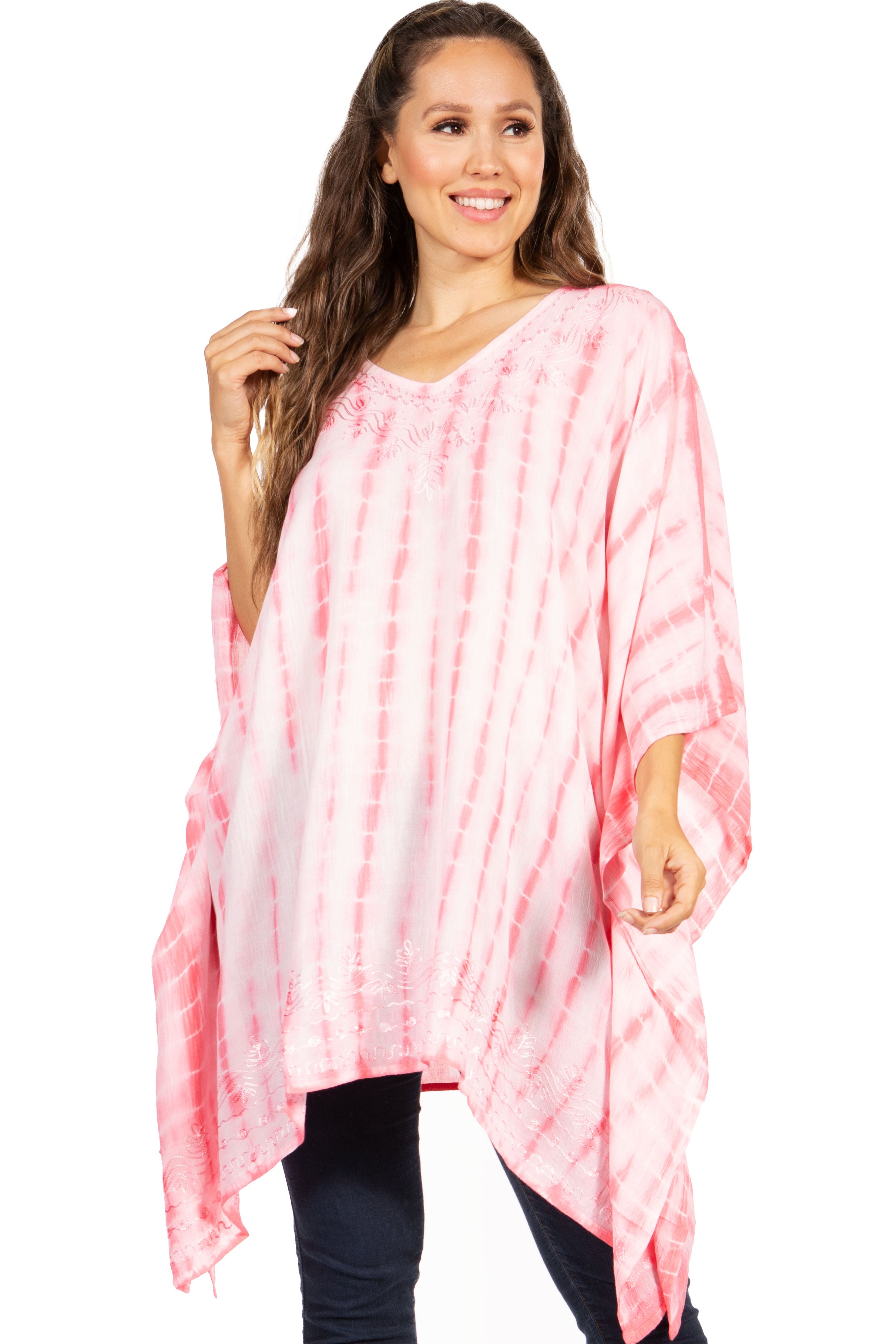 Sakkas - Wren Lightweight Circle Poncho Top Blouse With Detailed Embroidery