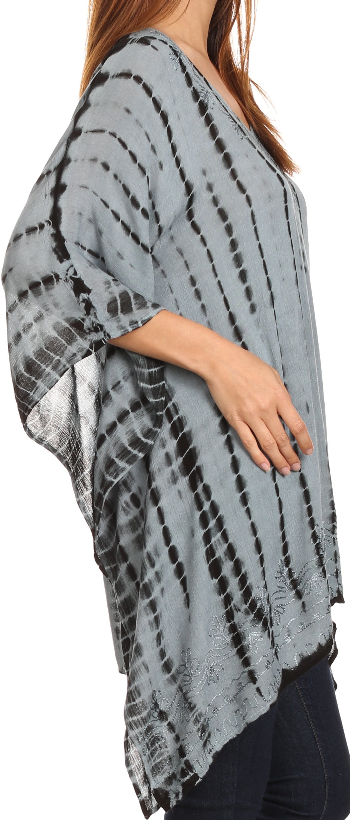 Sakkas - Wren Lightweight Circle Poncho Top Blouse With Detailed Embroidery