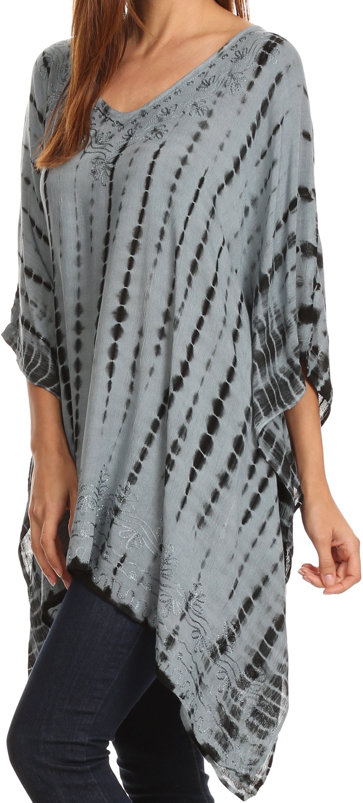 Sakkas - Wren Lightweight Circle Poncho Top Blouse With Detailed Embroidery