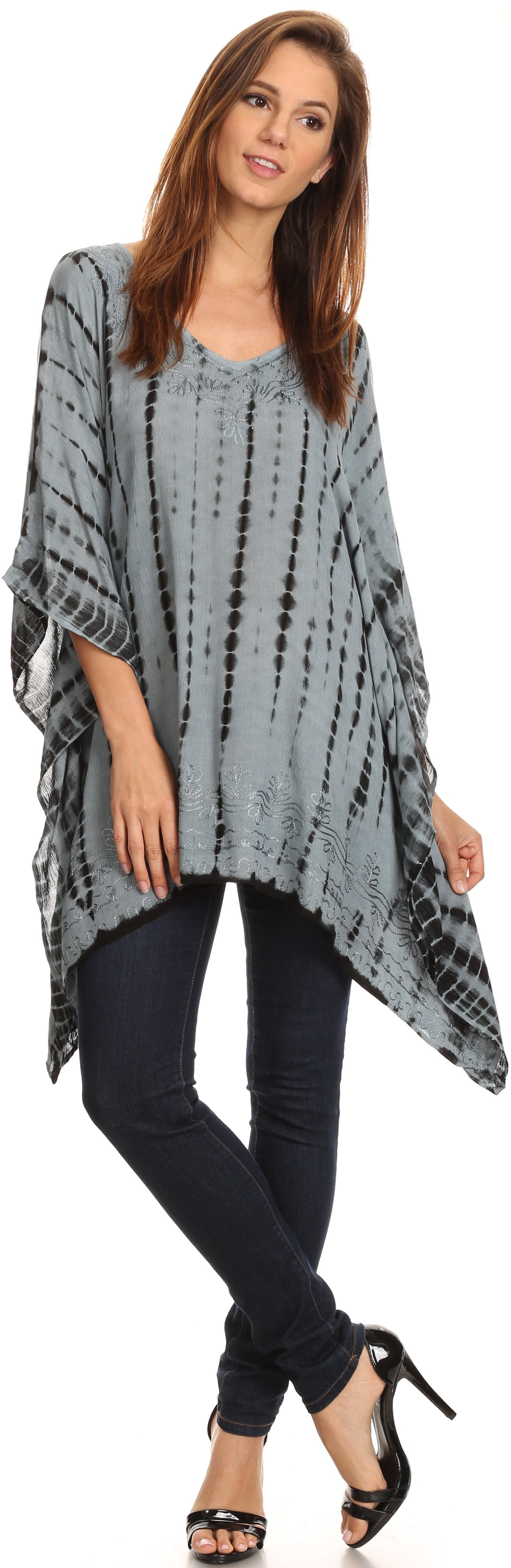 Sakkas - Wren Lightweight Circle Poncho Top Blouse With Detailed Embroidery