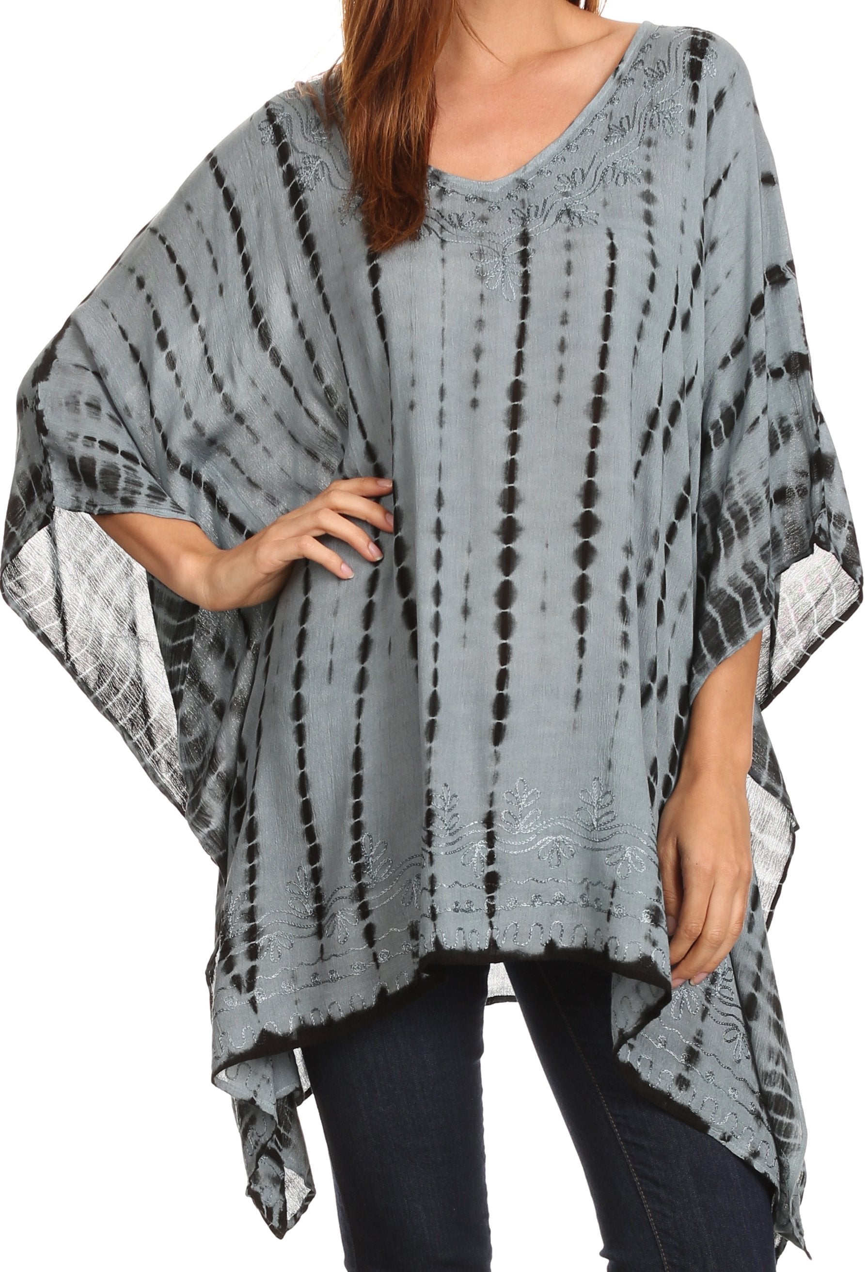 Sakkas - Wren Lightweight Circle Poncho Top Blouse With Detailed Embroidery