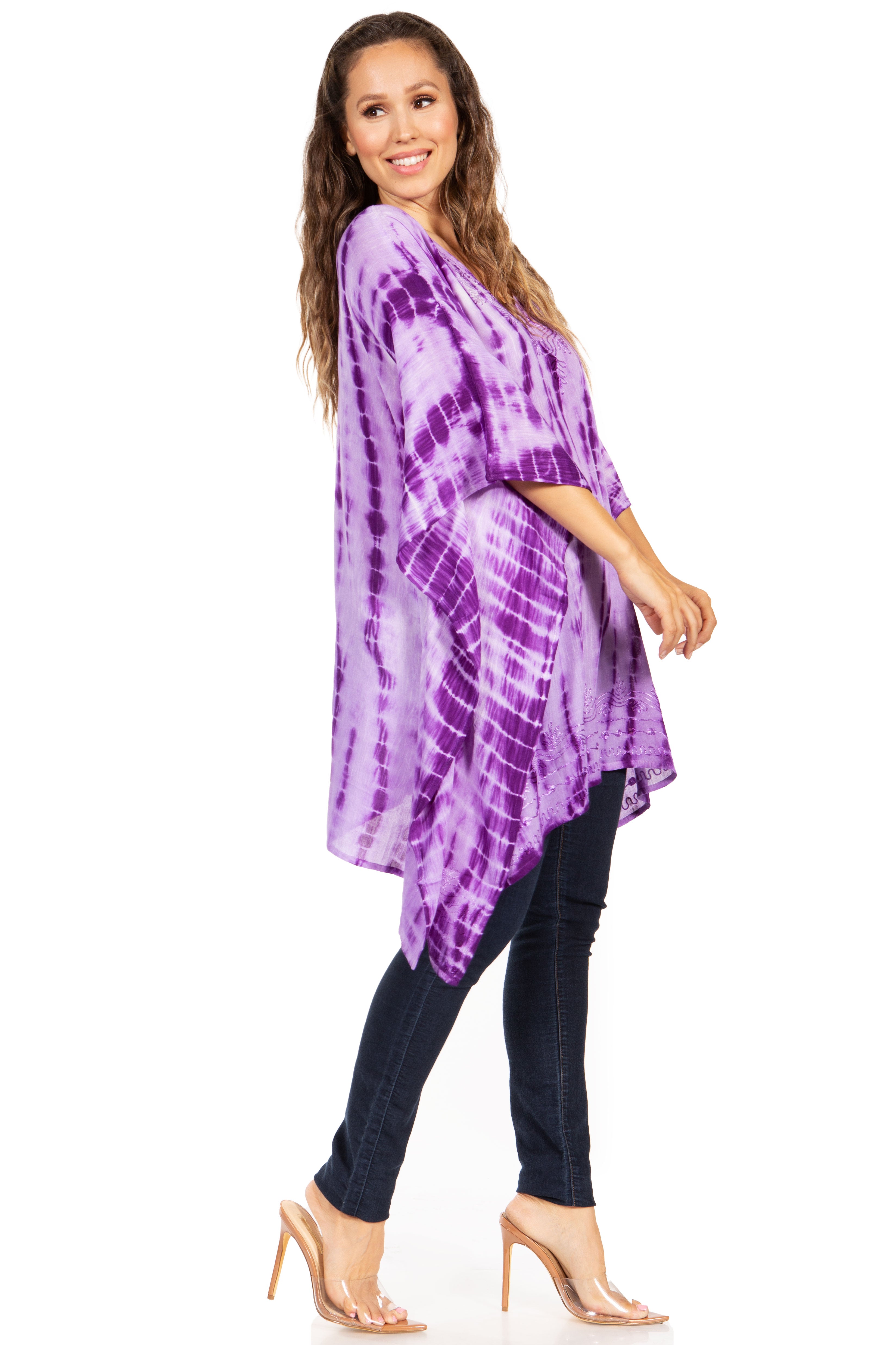 Sakkas - Wren Lightweight Circle Poncho Top Blouse With Detailed Embroidery