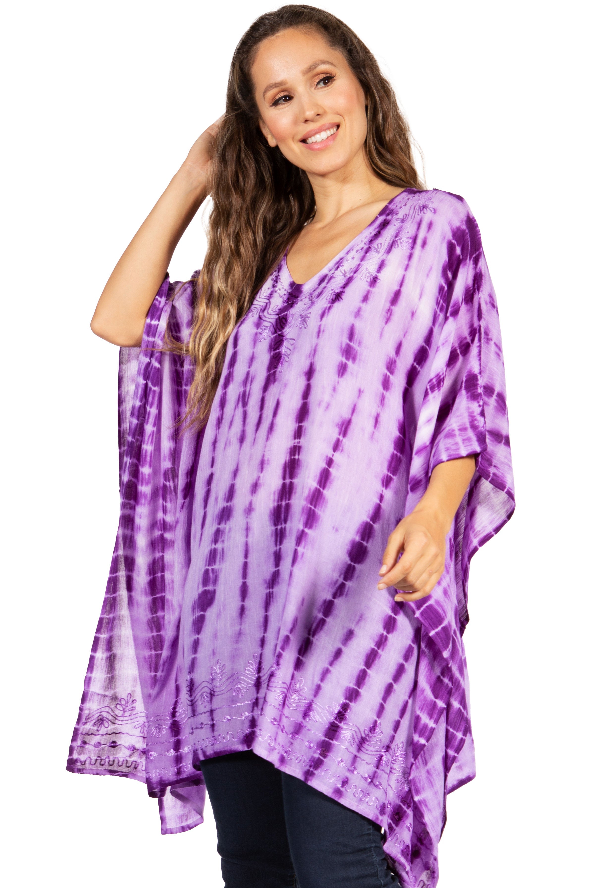 Sakkas - Wren Lightweight Circle Poncho Top Blouse With Detailed Embroidery