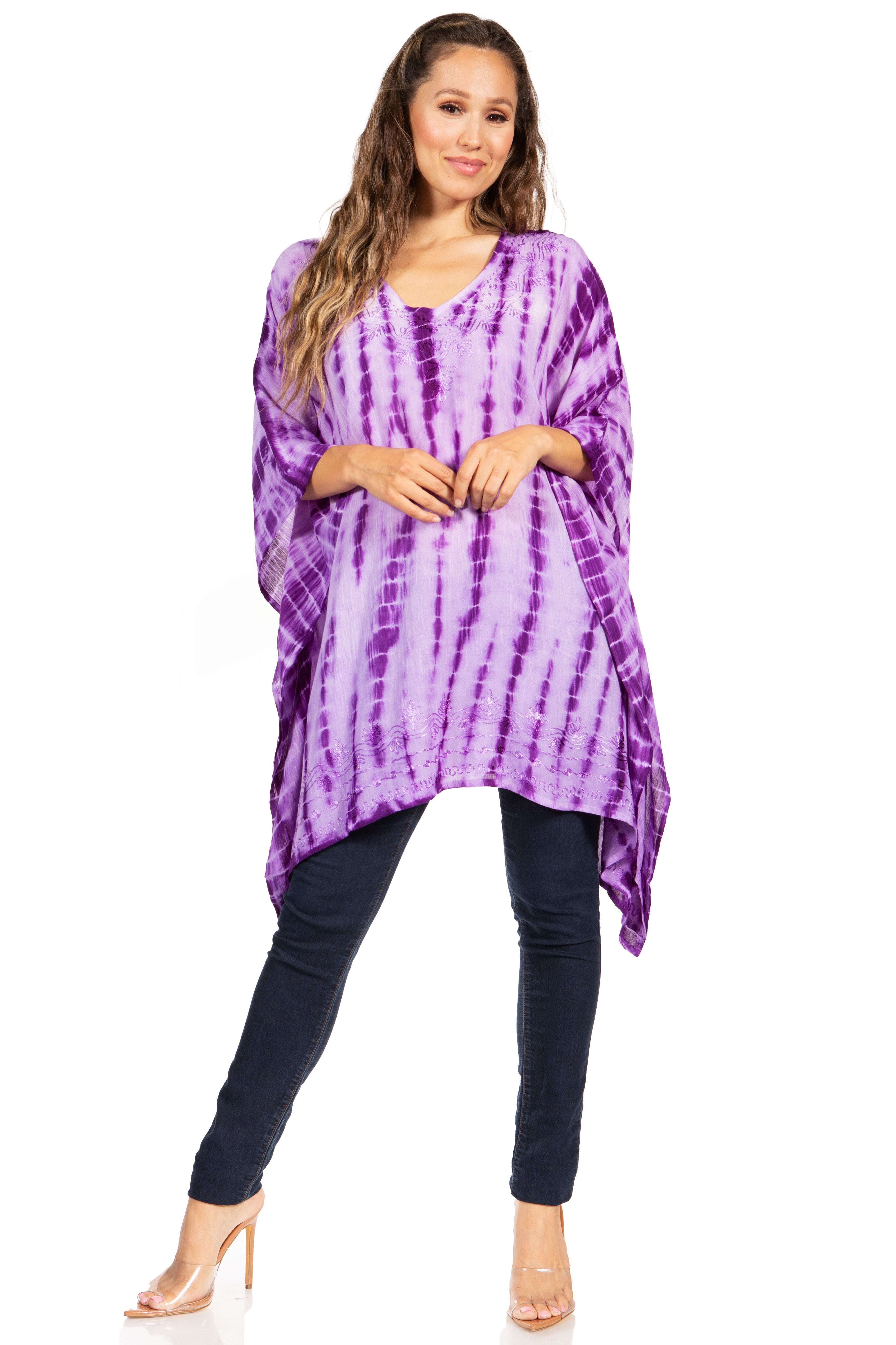 Sakkas - Wren Lightweight Circle Poncho Top Blouse With Detailed Embroidery