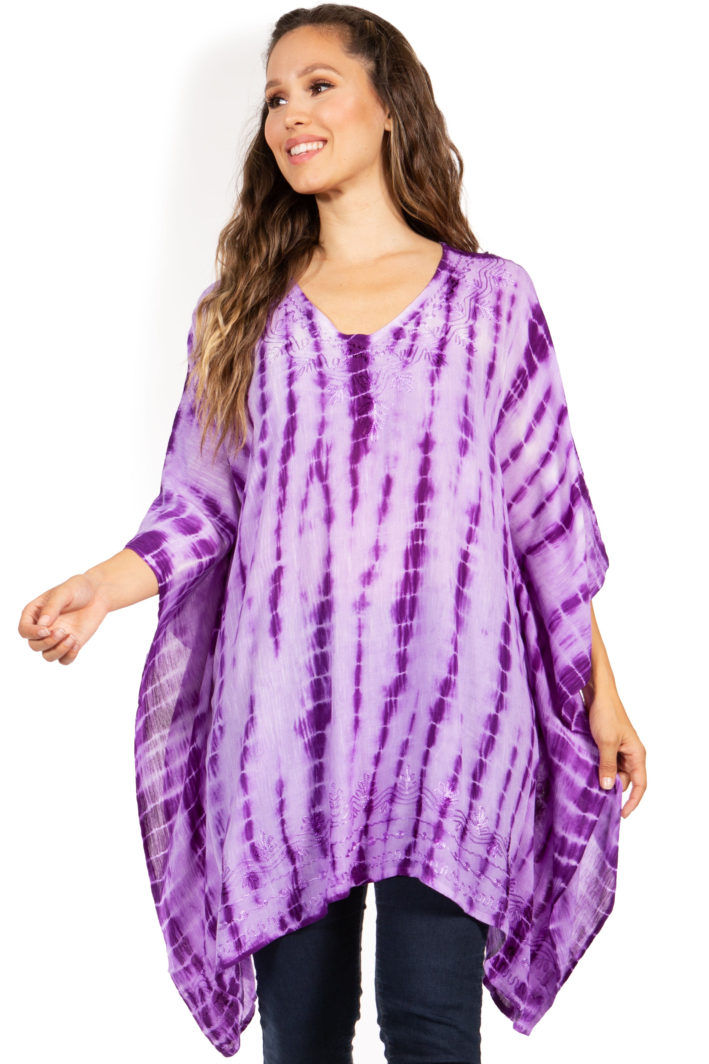 Sakkas - Wren Lightweight Circle Poncho Top Blouse With Detailed Embroidery