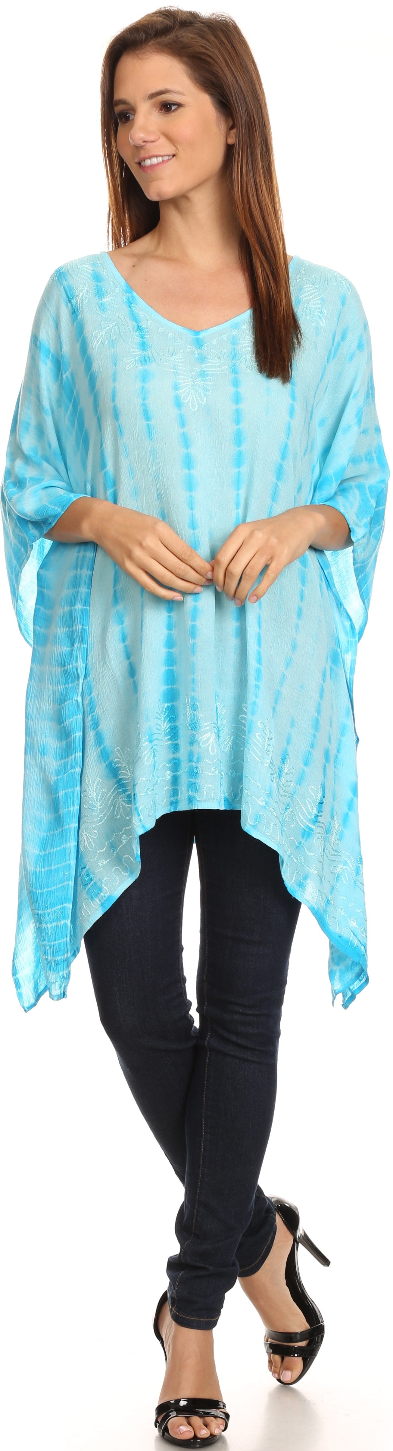 Sakkas - Wren Lightweight Circle Poncho Top Blouse With Detailed Embroidery