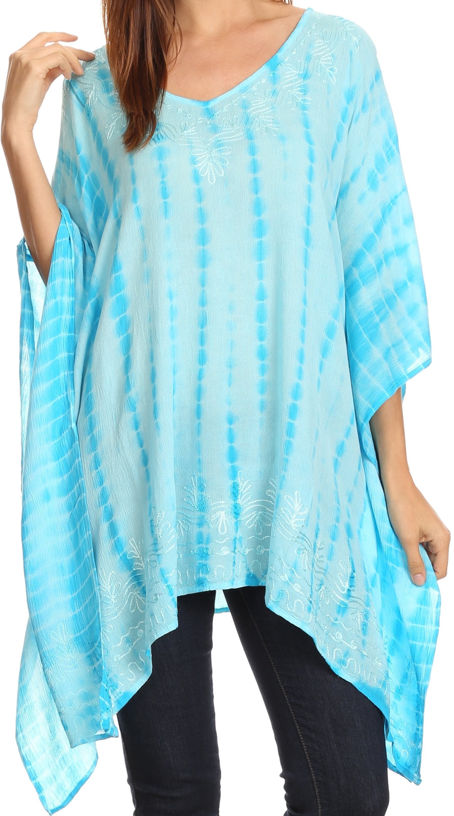 Sakkas - Wren Lightweight Circle Poncho Top Blouse With Detailed Embroidery