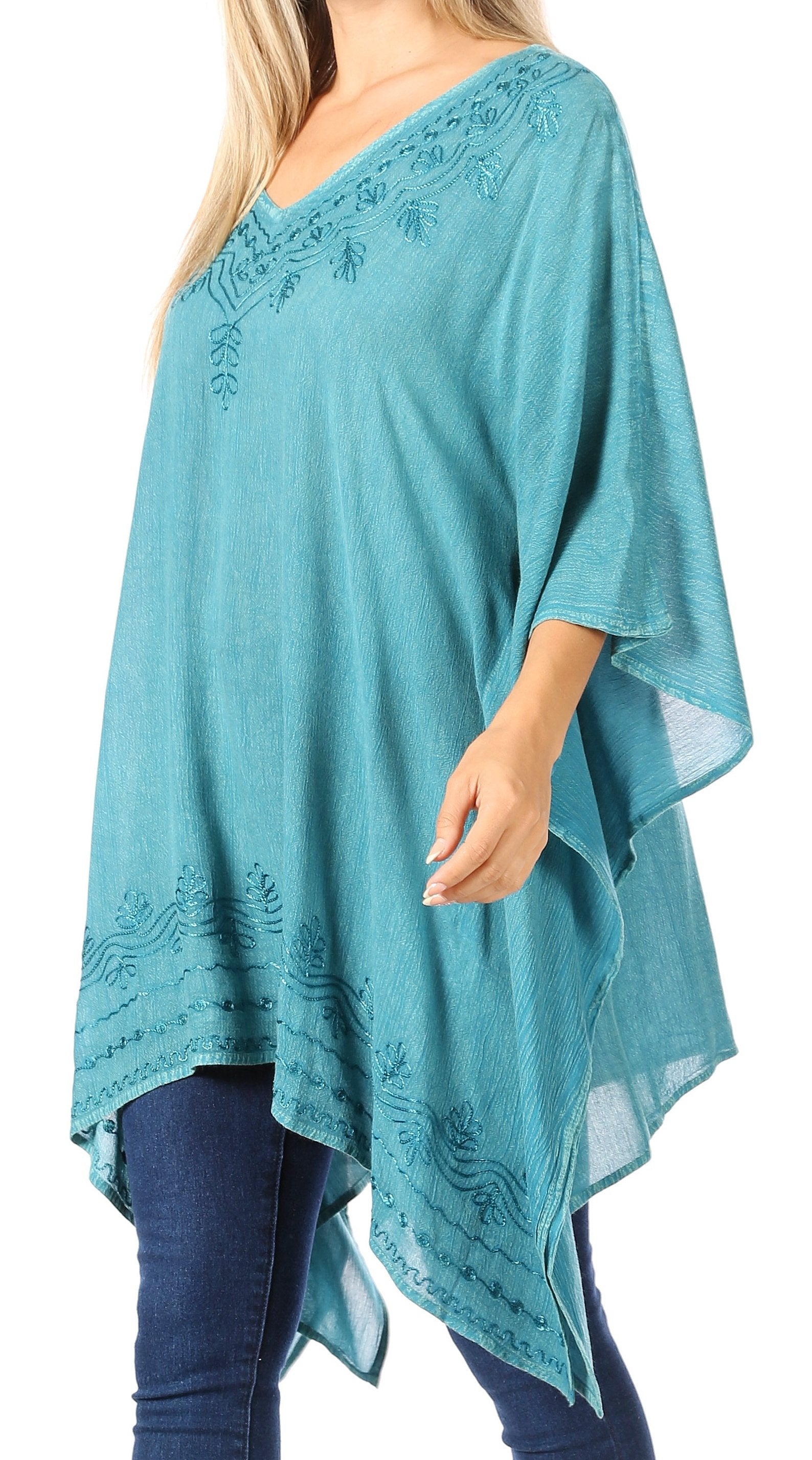 Sakkas - Wren Lightweight Circle Poncho Top Blouse With Detailed Embroidery