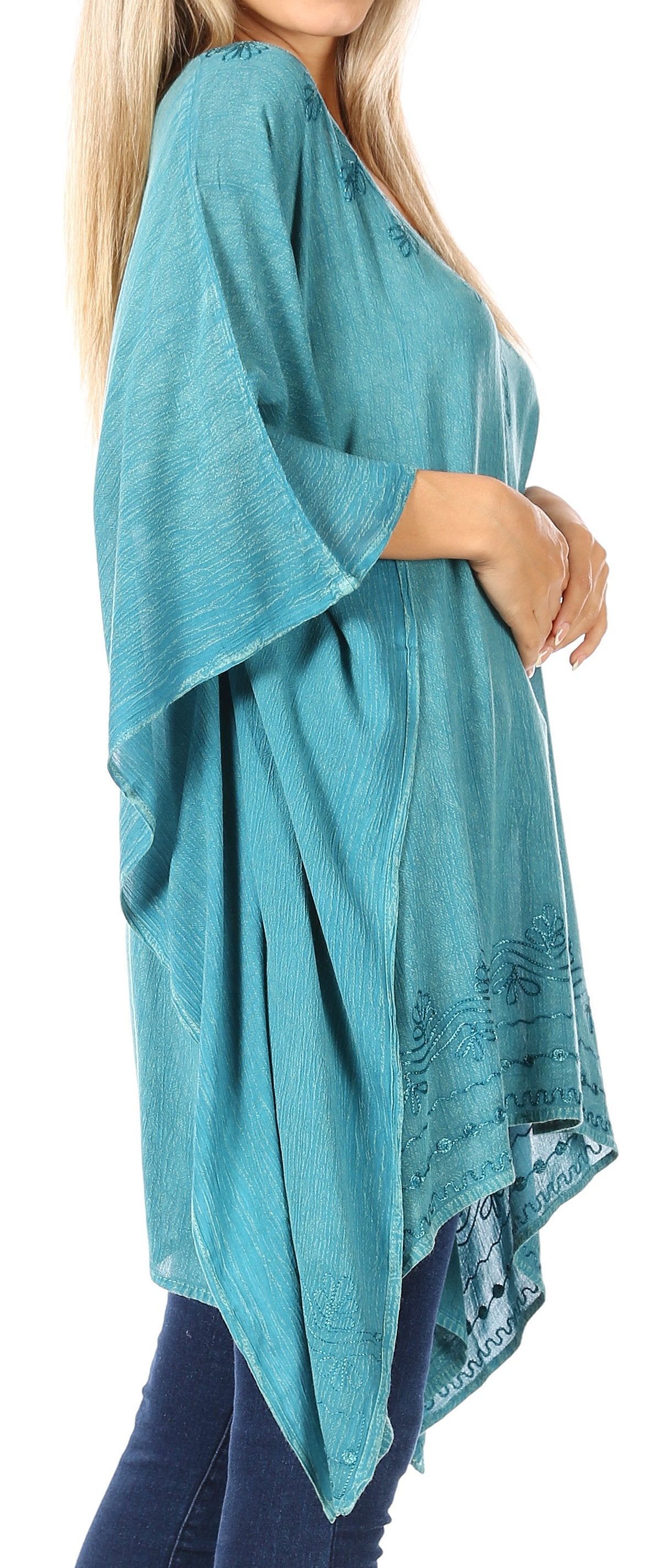 Sakkas - Wren Lightweight Circle Poncho Top Blouse With Detailed Embroidery