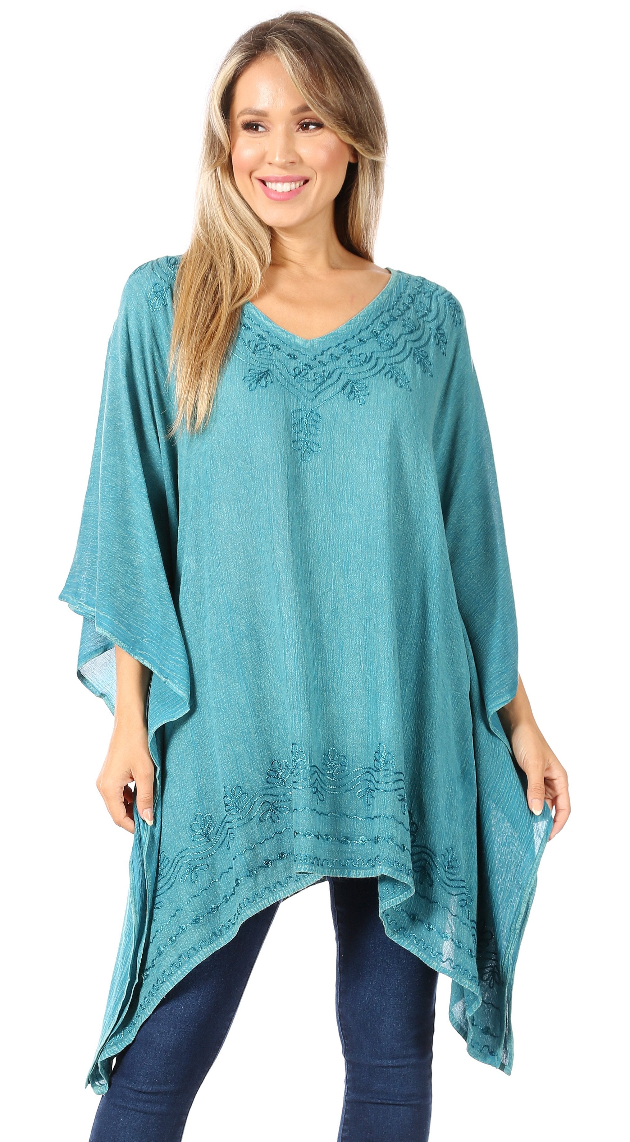 Sakkas - Wren Lightweight Circle Poncho Top Blouse With Detailed Embroidery