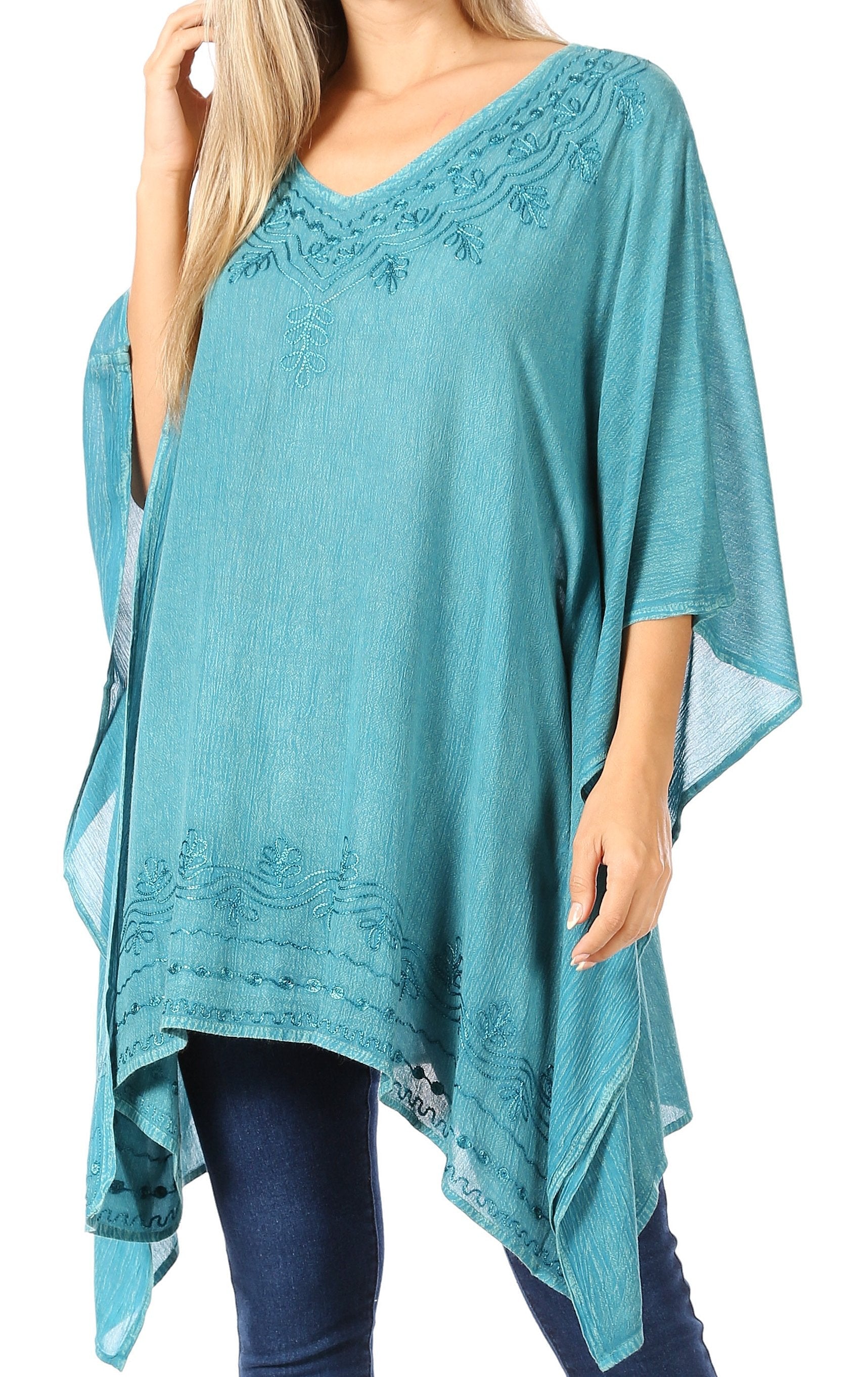 Sakkas - Wren Lightweight Circle Poncho Top Blouse With Detailed Embroidery