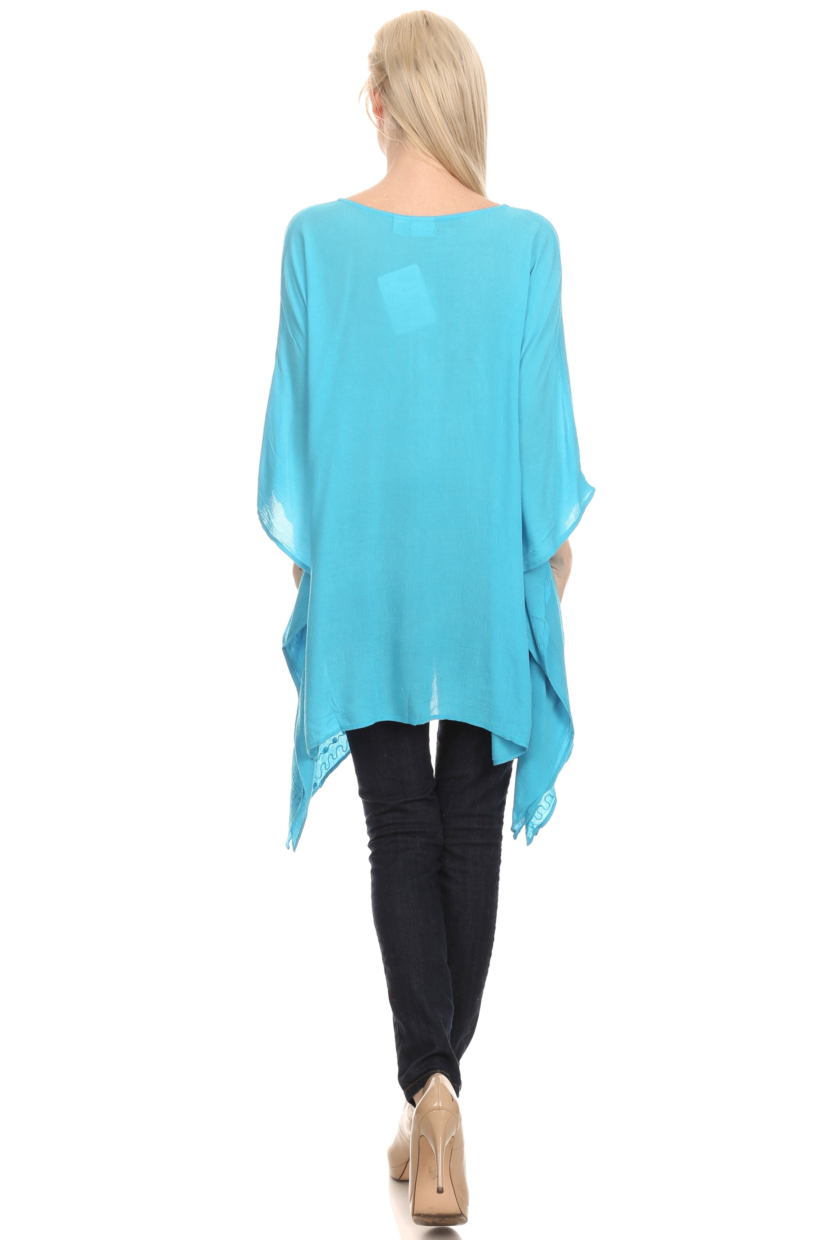 Sakkas - Wren Lightweight Circle Poncho Top Blouse With Detailed Embroidery