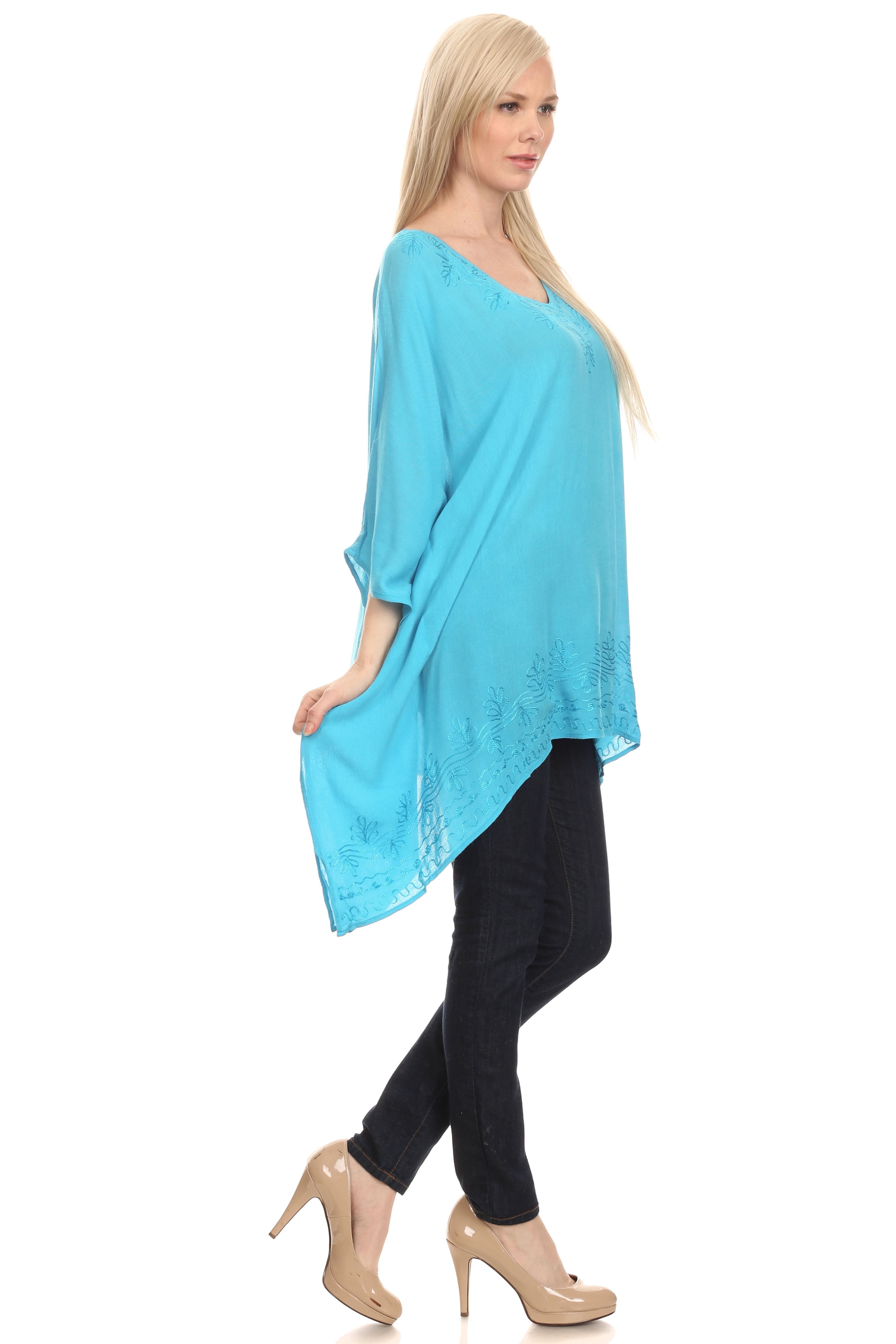 Sakkas - Wren Lightweight Circle Poncho Top Blouse With Detailed Embroidery